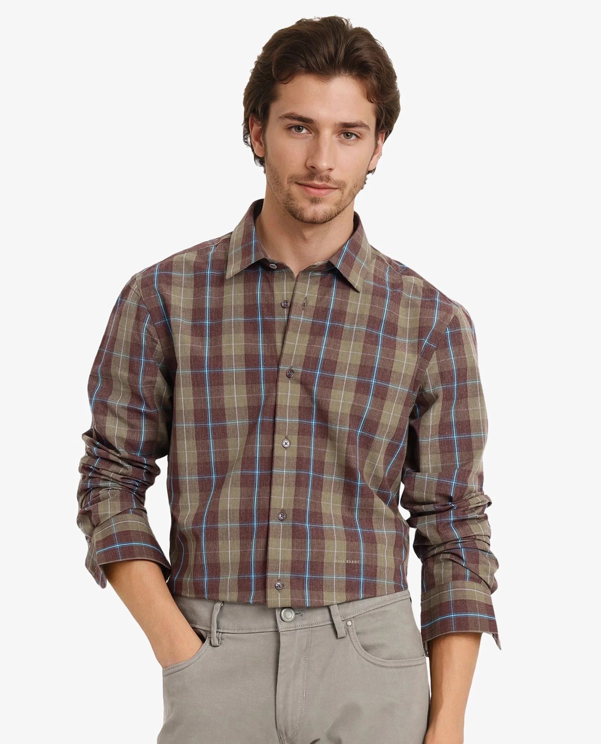 Rare Rabbit Men Keep Dark Brown Full Sleeve Regular Collar Button Closure Regular Fit Checks Shirt