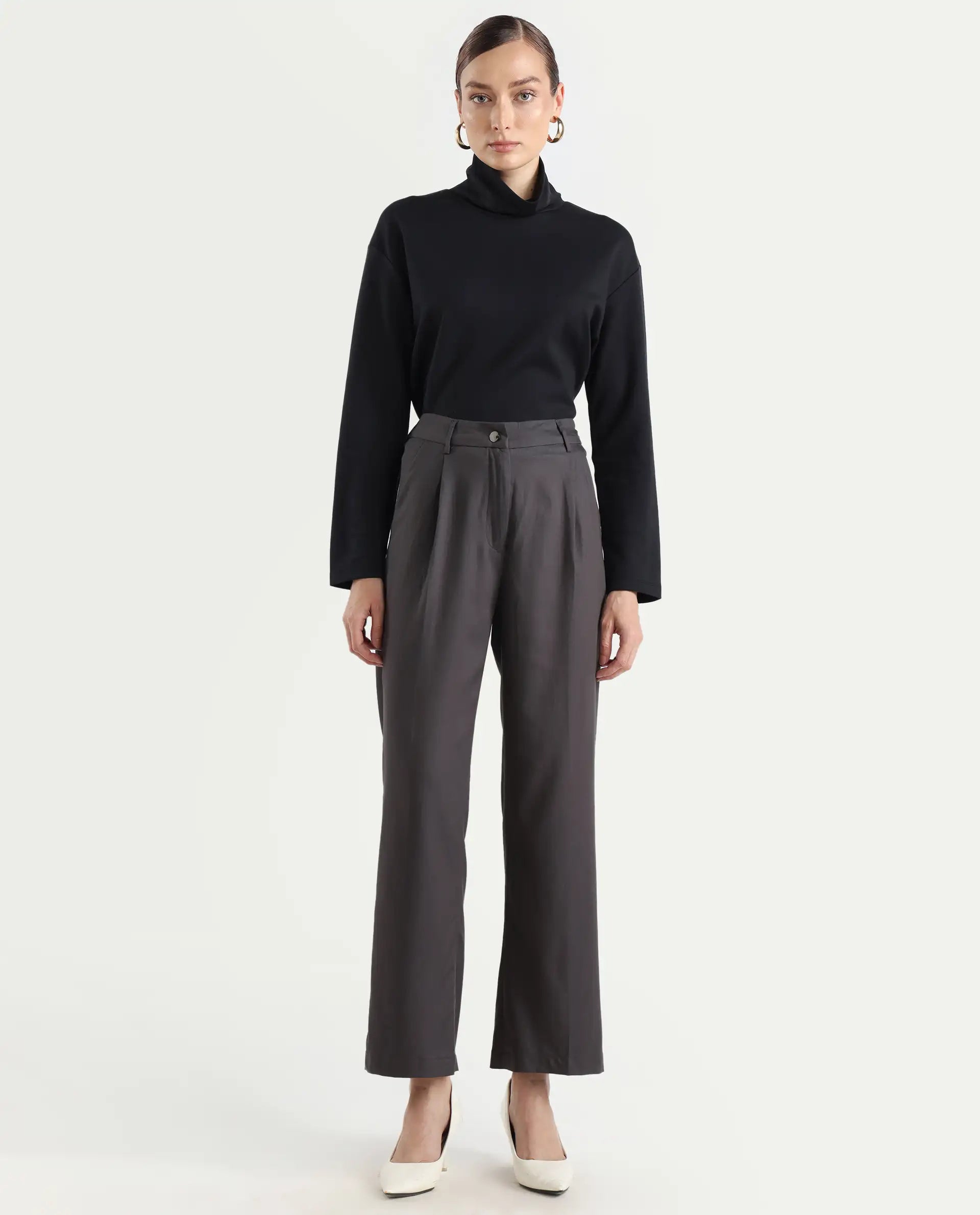 Rareism Women's Kekilli Grey Polyester Plain Ankle Length Wide Trouser