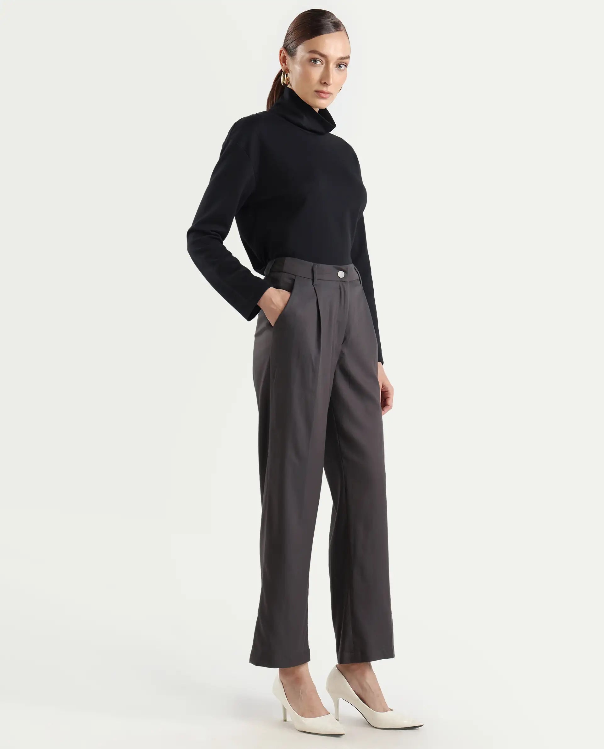 Rareism Women's Kekilli Grey Polyester Plain Ankle Length Wide Trouser