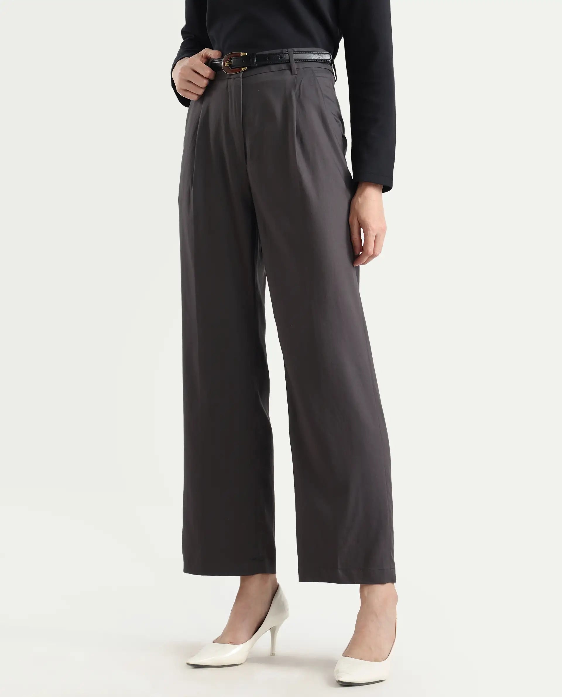 Rareism Women's Kekilli Grey Polyester Plain Ankle Length Wide Trouser