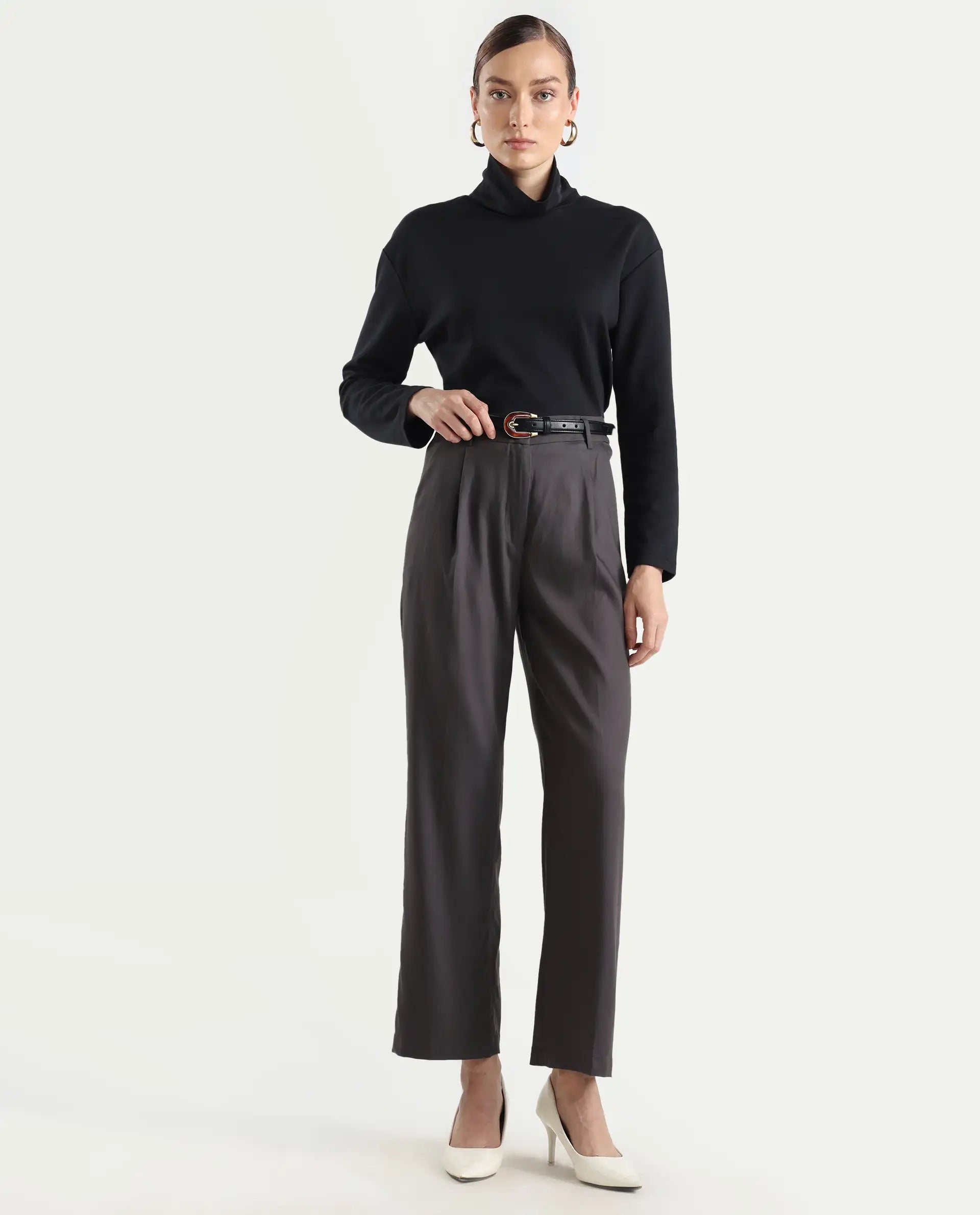 Rareism Women's Kekilli Grey Polyester Plain Ankle Length Wide Trouser