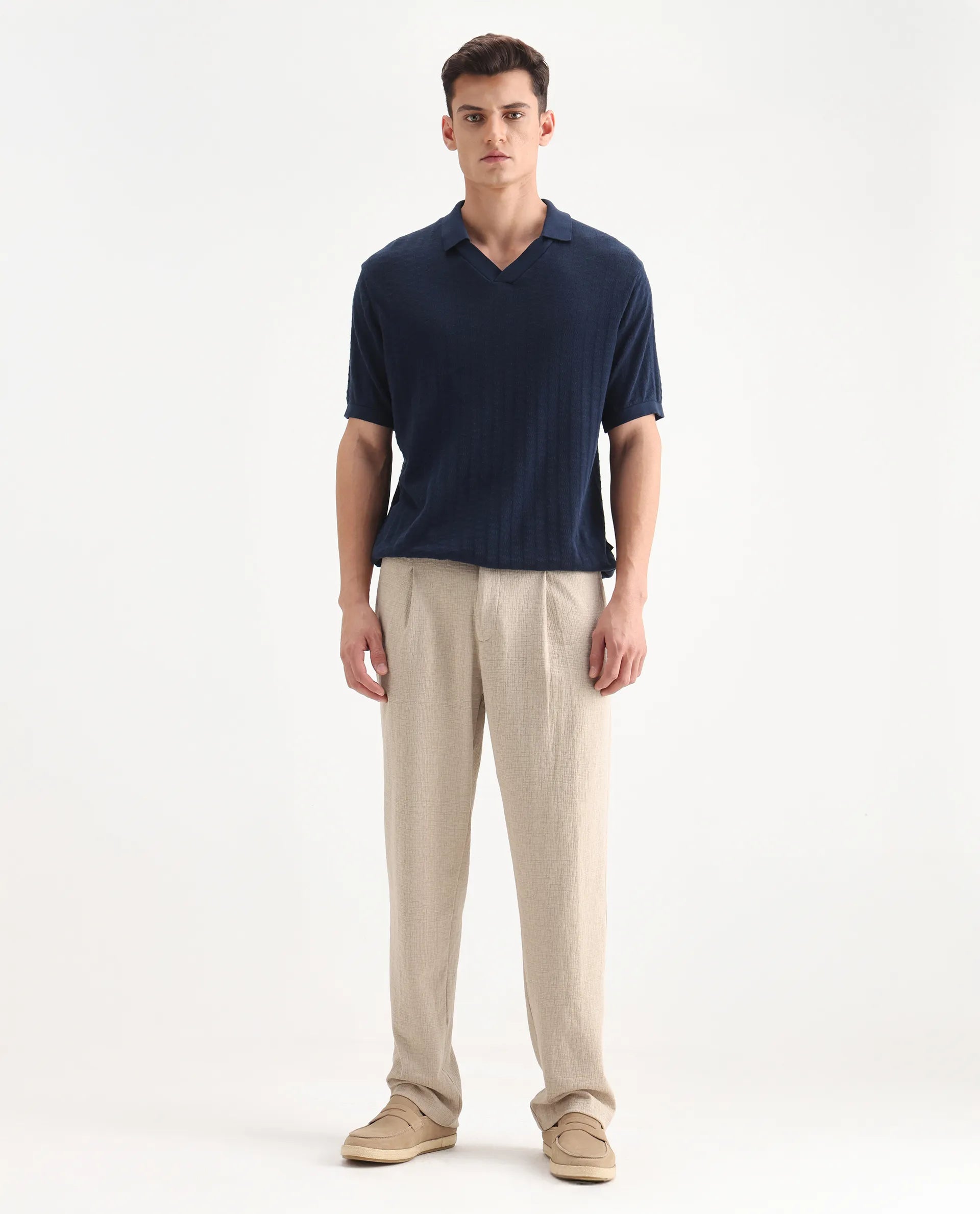 Rare Rabbit Men's Keloe Beige Cotton Blend Plain Relaxed Fit Trouser