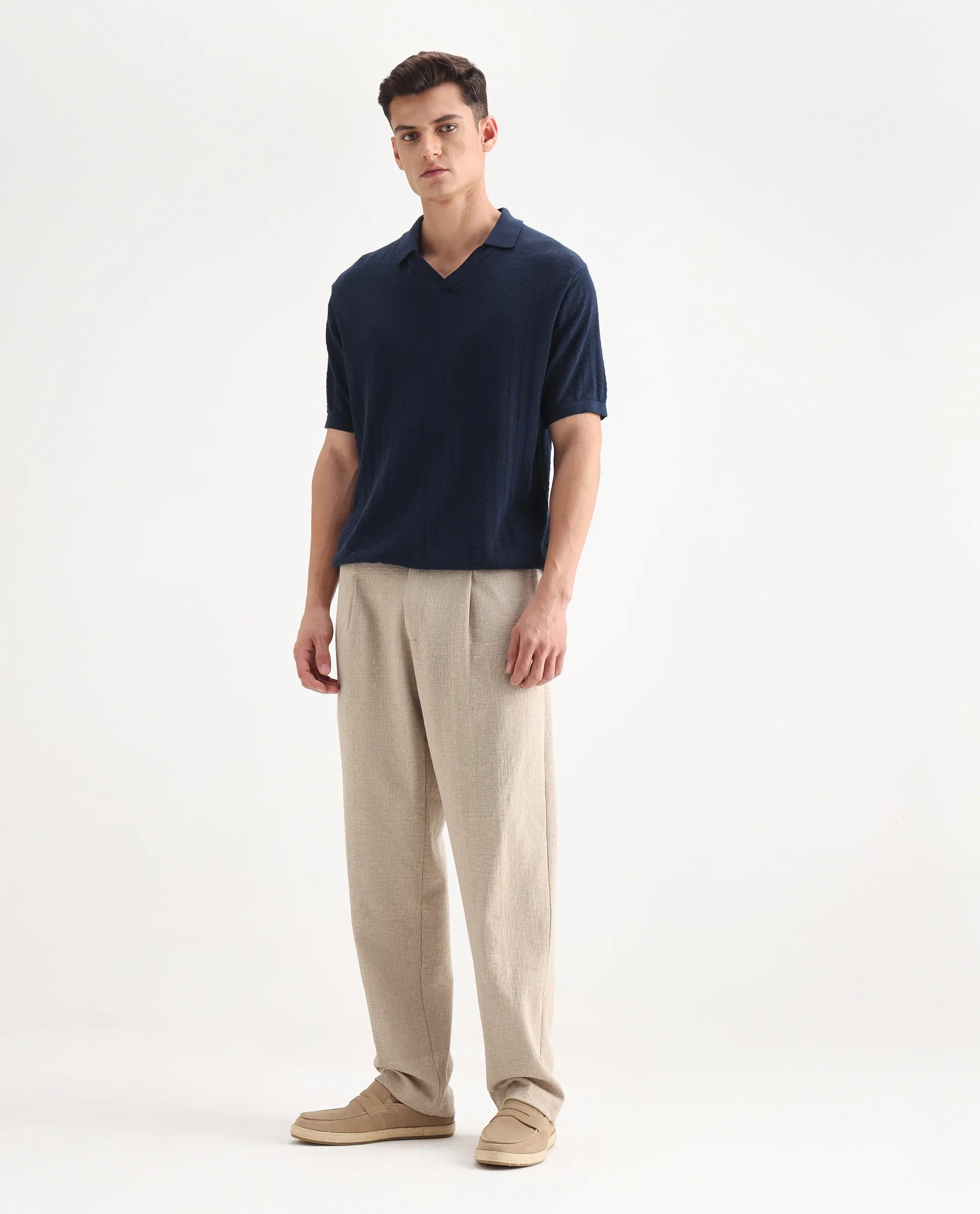 Rare Rabbit Men's Keloe Beige Cotton Blend Plain Relaxed Fit Trouser