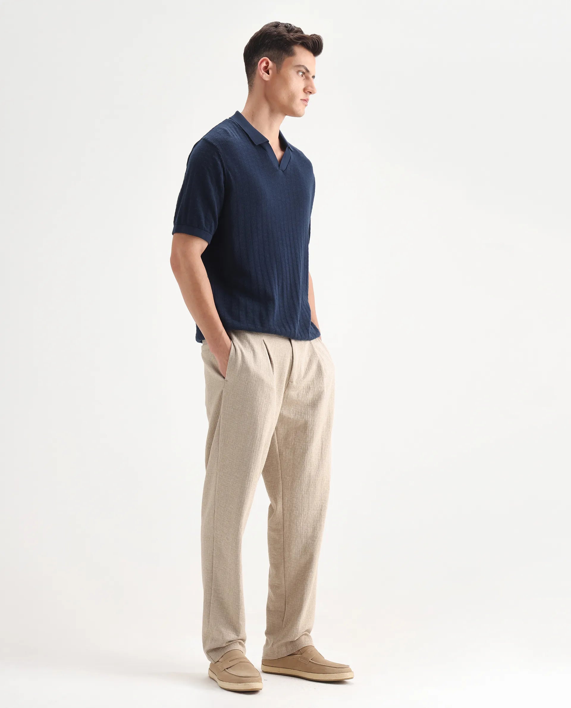 Rare Rabbit Men's Keloe Beige Cotton Blend Plain Relaxed Fit Trouser