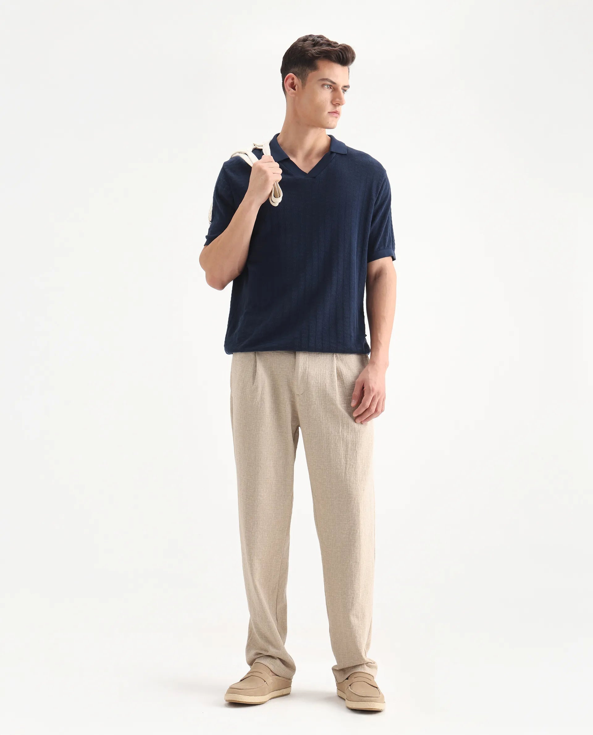 Rare Rabbit Men's Keloe Beige Cotton Blend Plain Relaxed Fit Trouser