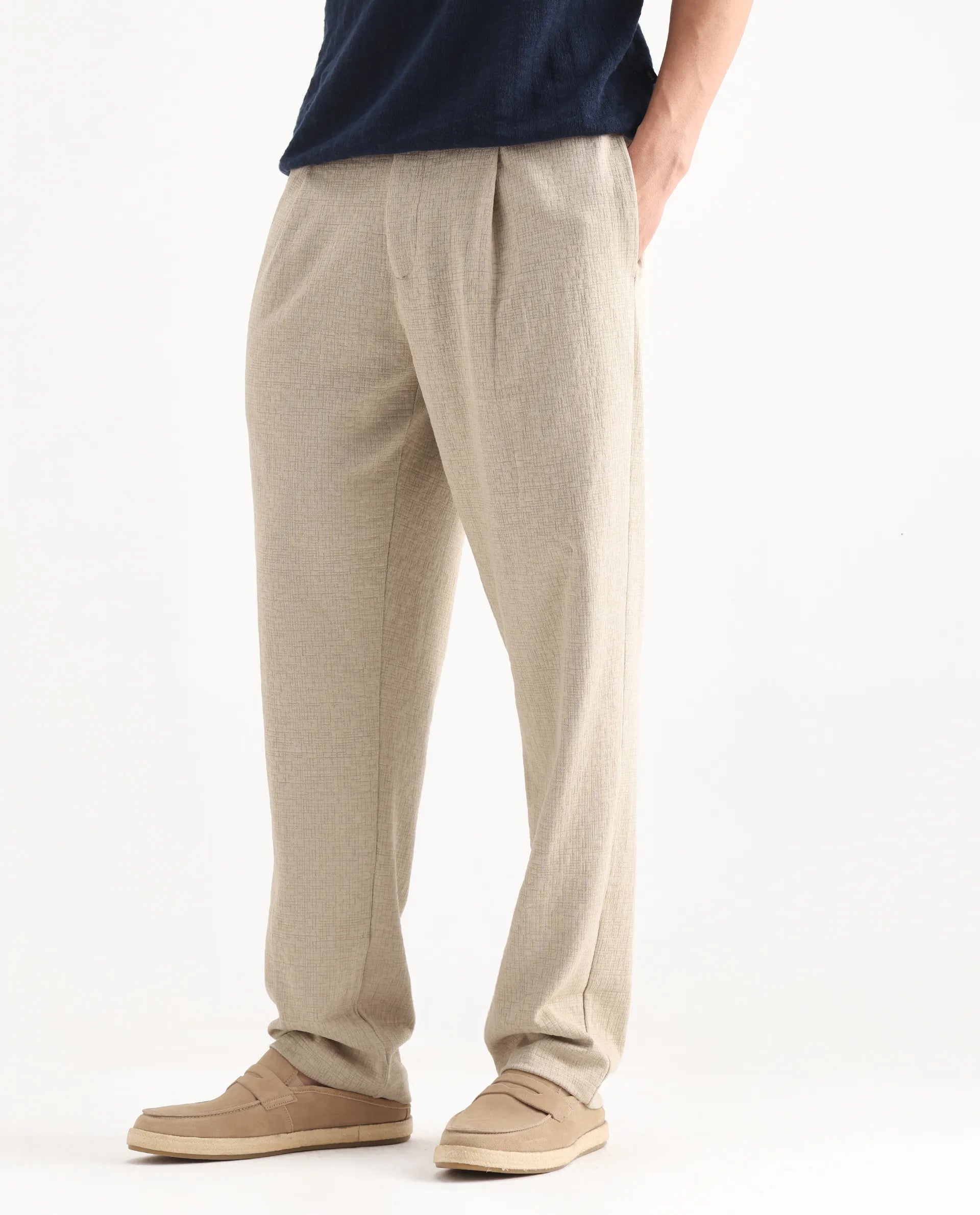 Rare Rabbit Men's Keloe Beige Cotton Blend Plain Relaxed Fit Trouser