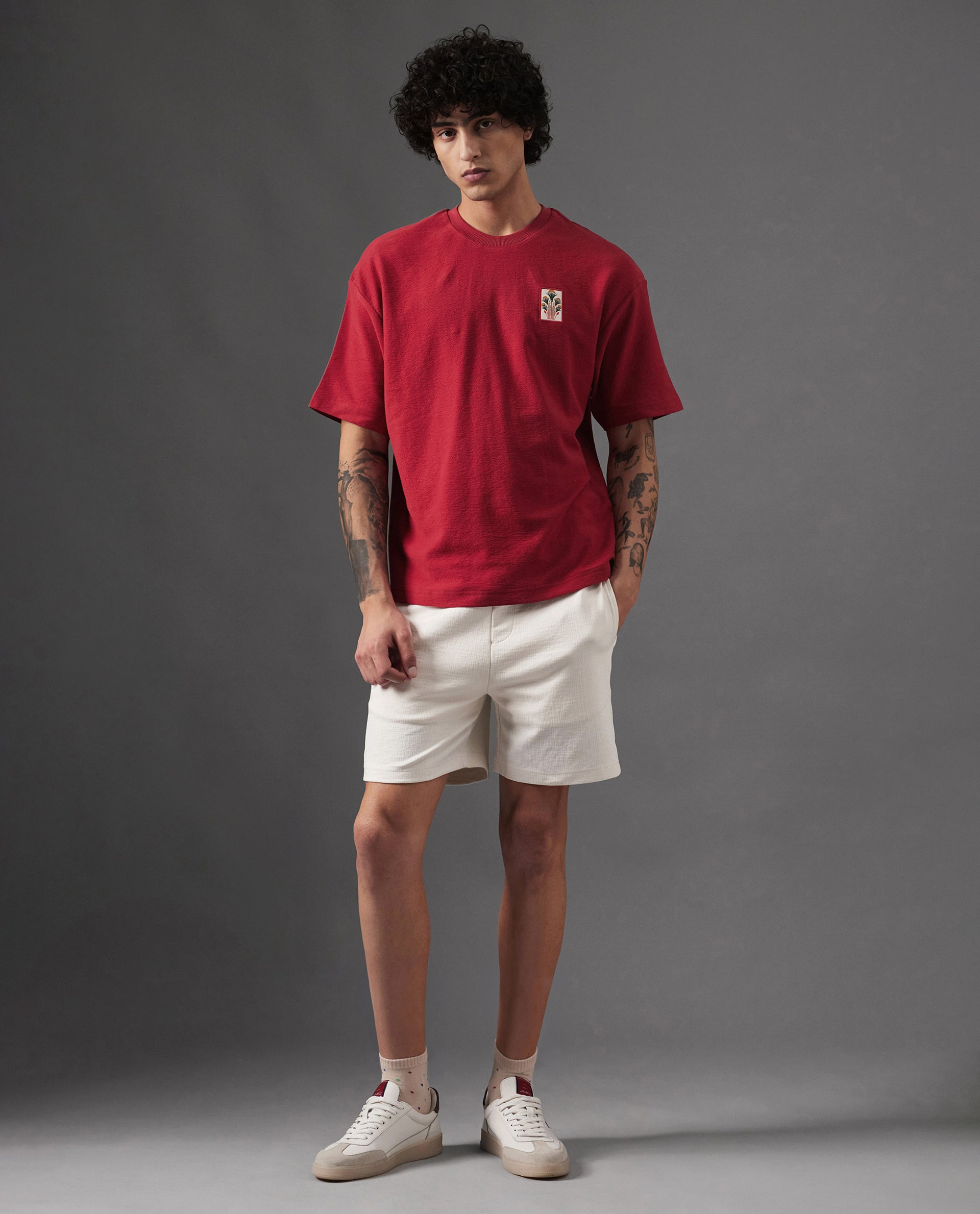 Rare Rabbit Men Kelor Off White Cotton Elastane Fabric Drawstring Closure Back Label Plain Shorts