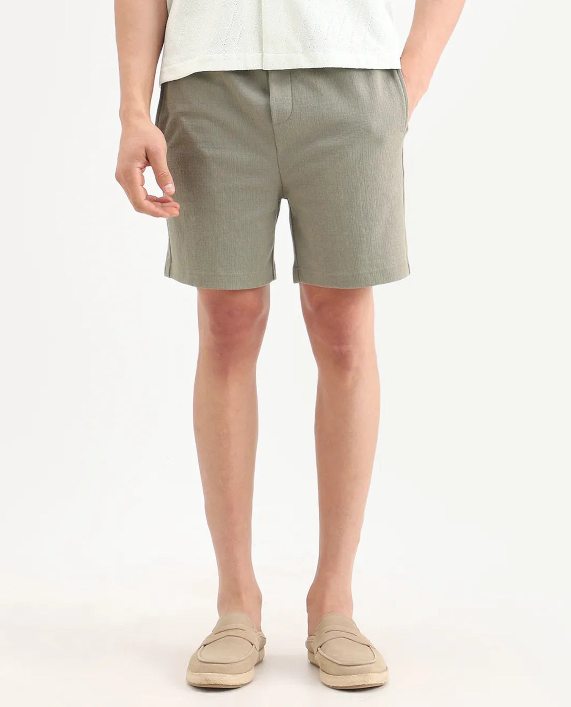 Rare Rabbit Men's Kelos-Sh26 Dusky Green Cotton Blend Fabric Regular Fit Plain Shorts