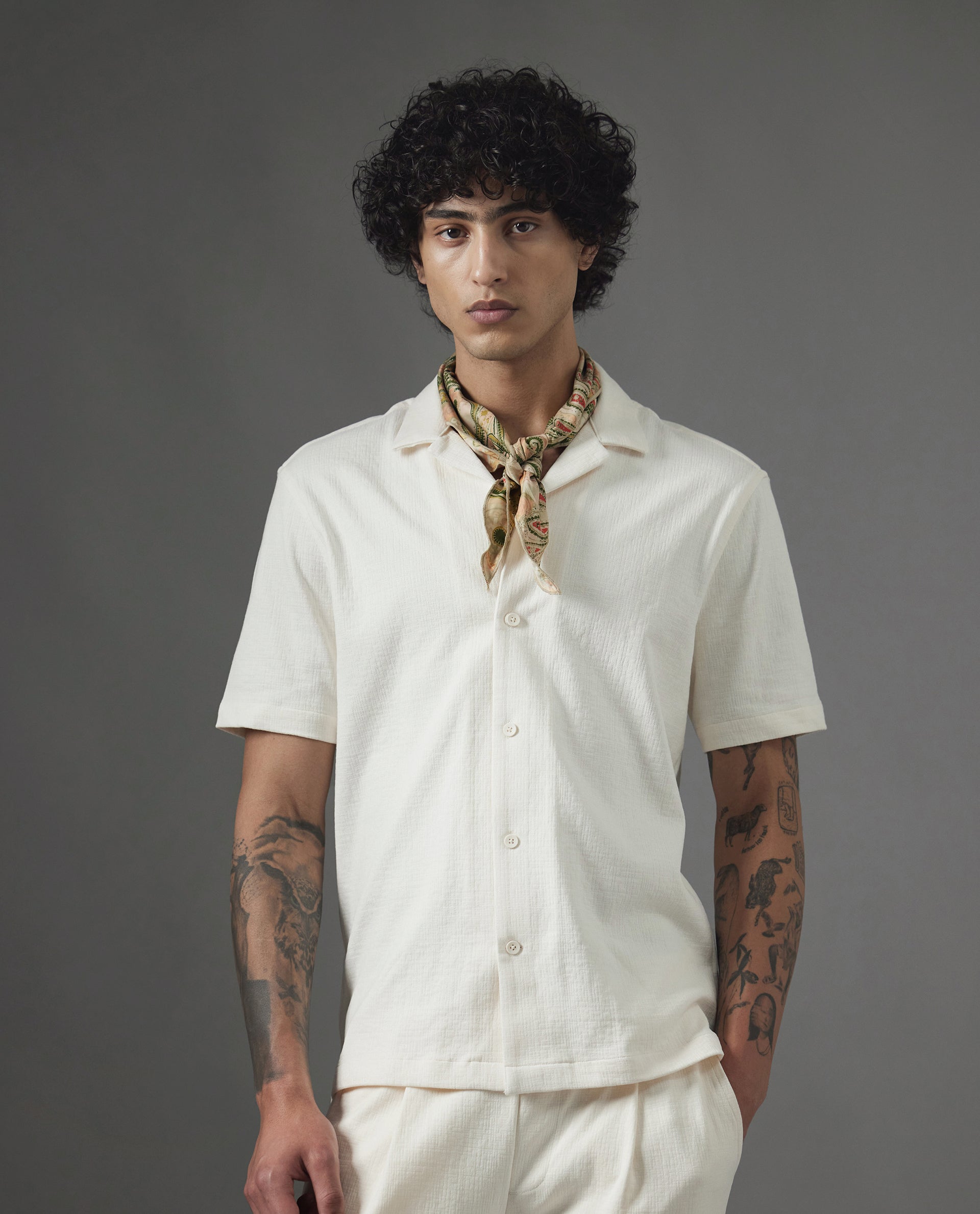 Rare Rabbit Men Kelos-Ss Off-White Short Sleeve Cuban Collared Plain Shirt