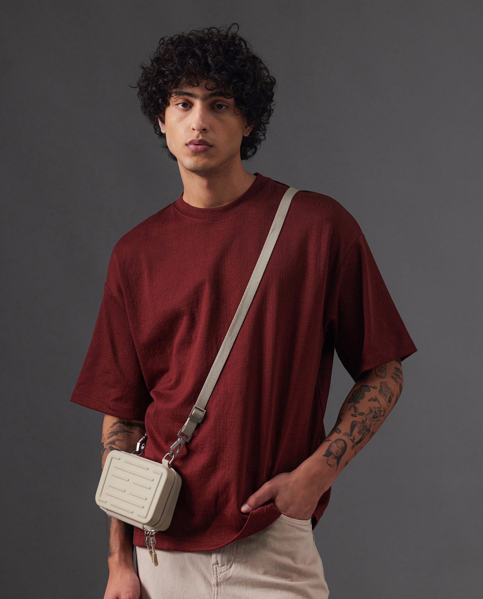 Rare Rabbit Men Kelos Rust Cotton Poly Fabric Short Sleeve Crew Neck Oversized Fit Textured T-Shirt