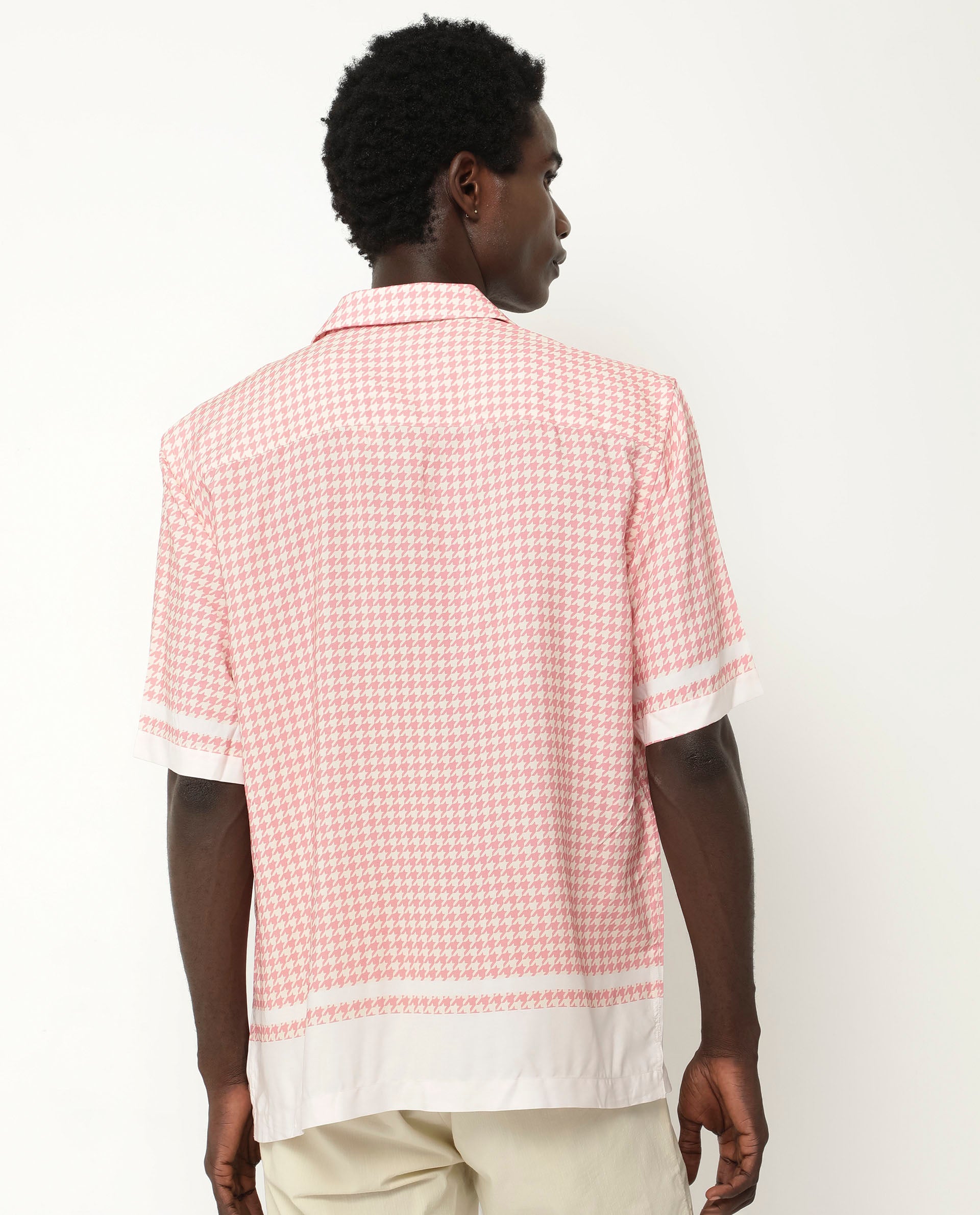 Rare Rabbit Men's Kene Peach Viscose Fabric Short Sleeve Cuban Collar Boxy Fit Houndstooth Print Shirt