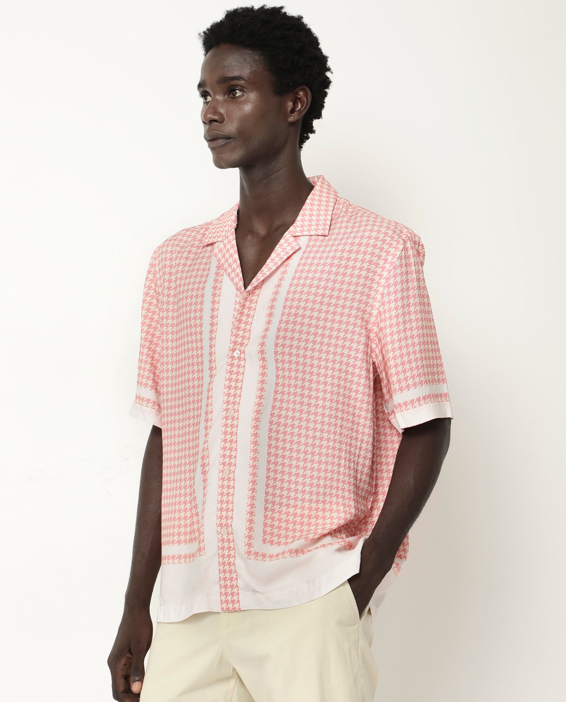 Rare Rabbit Men's Kene Peach Viscose Fabric Short Sleeve Cuban Collar Boxy Fit Houndstooth Print Shirt