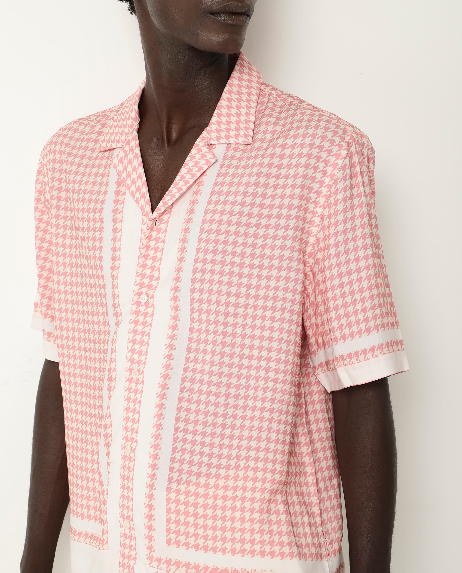 Rare Rabbit Men's Kene Peach Viscose Fabric Short Sleeve Cuban Collar Boxy Fit Houndstooth Print Shirt