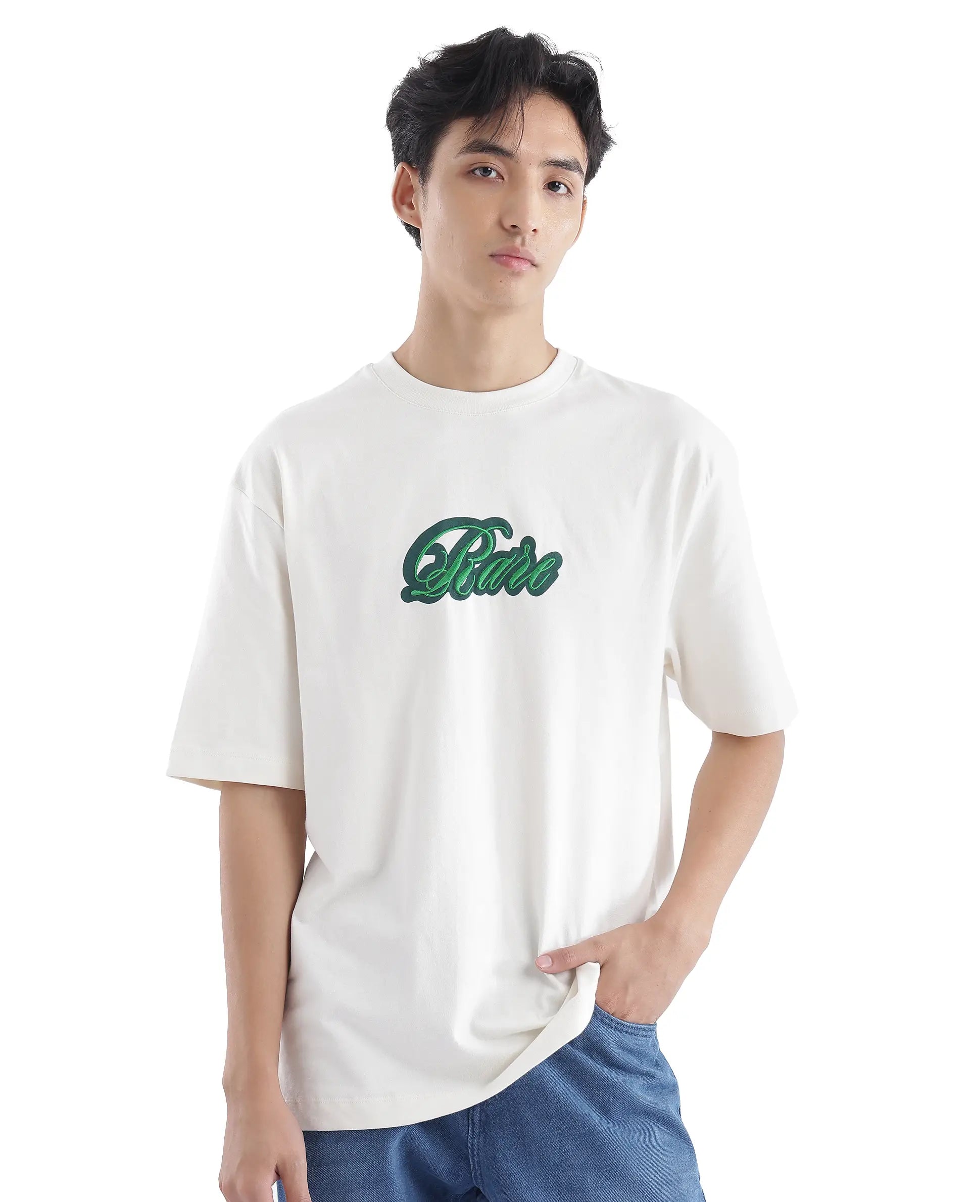Rare Rabbit Men Kenzo Off White Cotton Fabric Short Sleeve Crew Neck Oversized Fit Embroidered T-Shirt