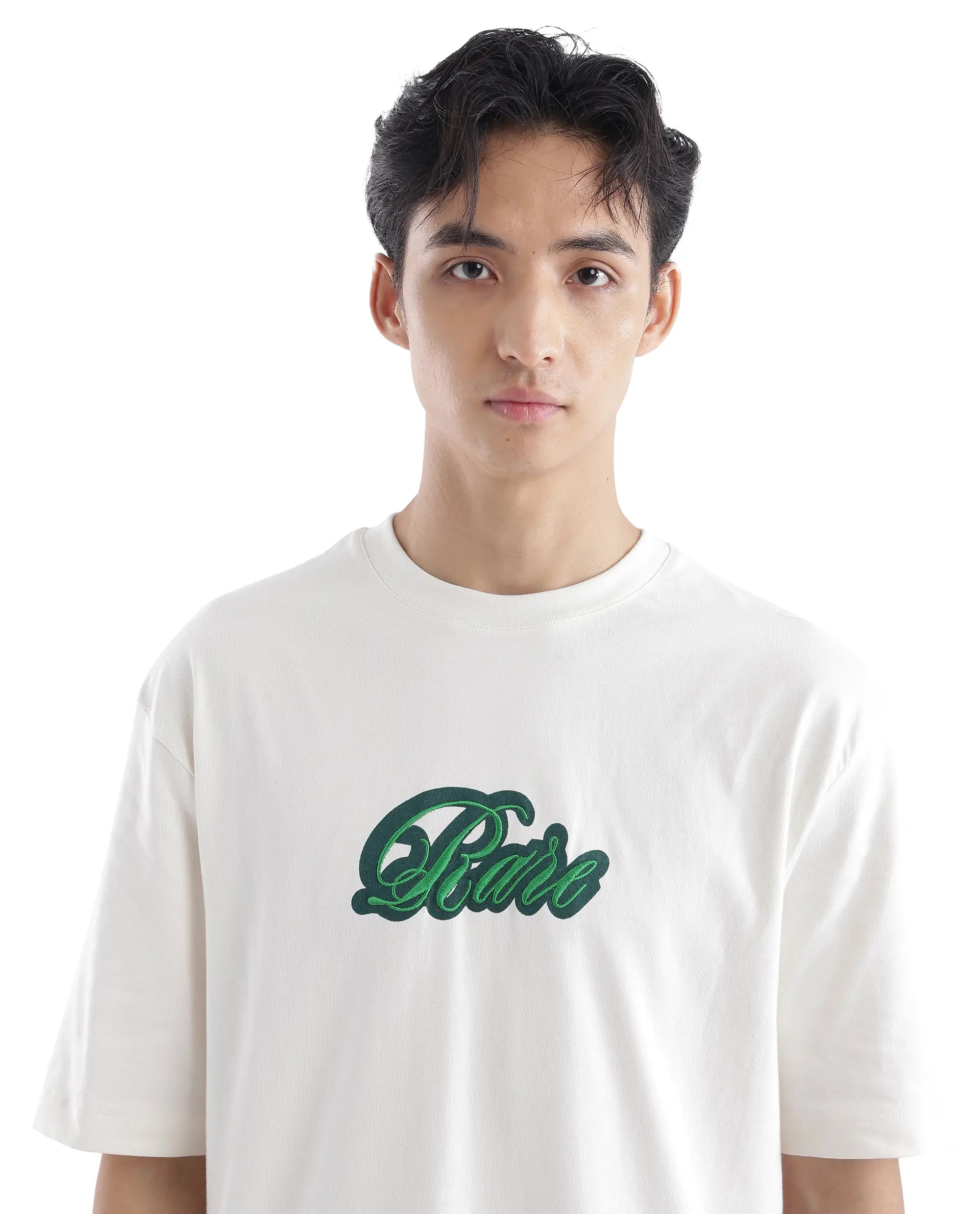 Rare Rabbit Men Kenzo Off White Cotton Fabric Short Sleeve Crew Neck Oversized Fit Embroidered T-Shirt