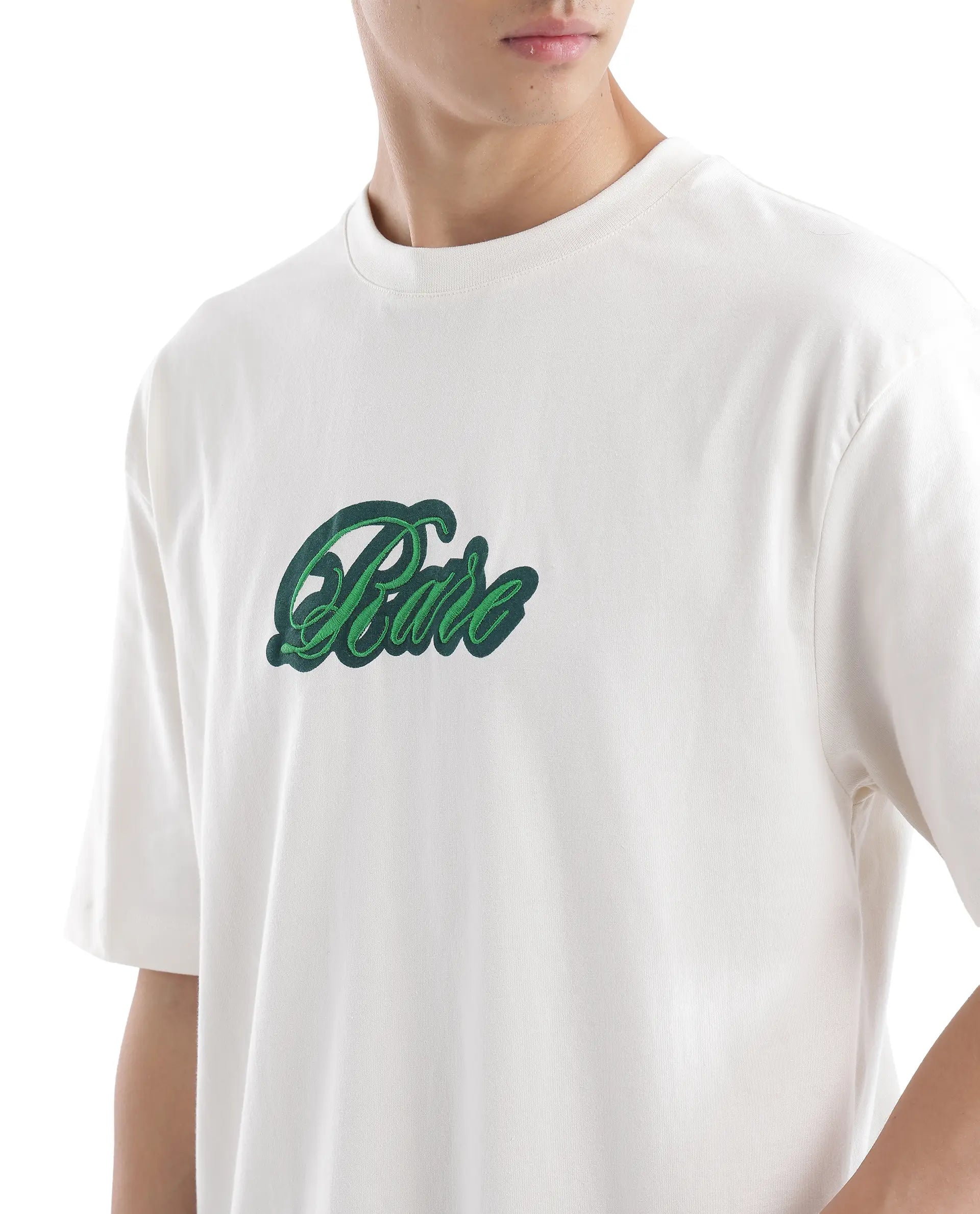 Rare Rabbit Men Kenzo Off White Cotton Fabric Short Sleeve Crew Neck Oversized Fit Embroidered T-Shirt