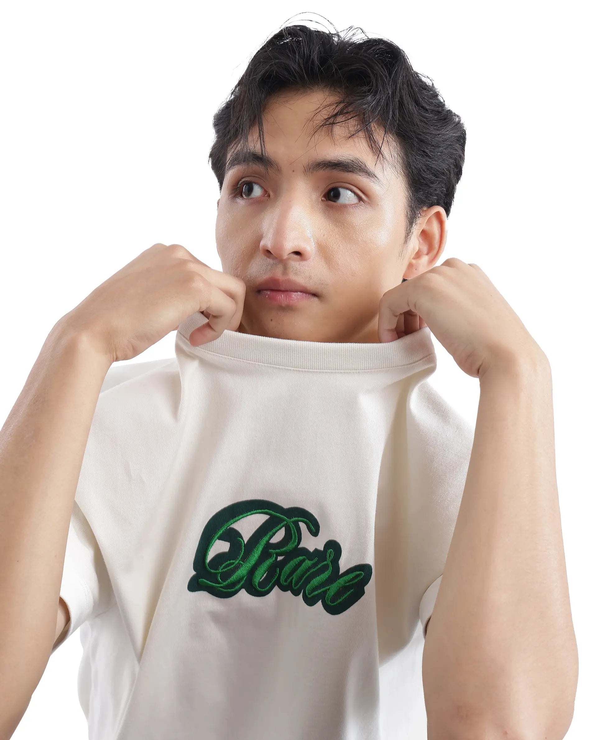 Rare Rabbit Men Kenzo Off White Cotton Fabric Short Sleeve Crew Neck Oversized Fit Embroidered T-Shirt