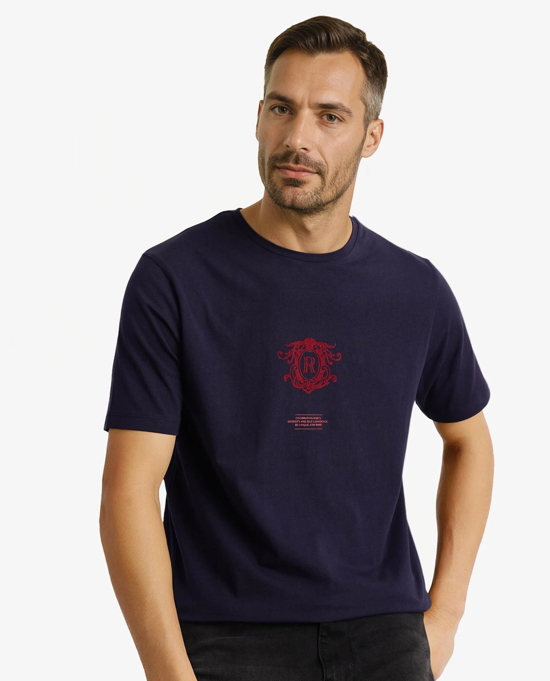 Rare Rabbit Men Ker Navy Cotton Lycra Fabric Short Sleeve Crew Neck Regular Fit Graphic Flock Print T-Shirt