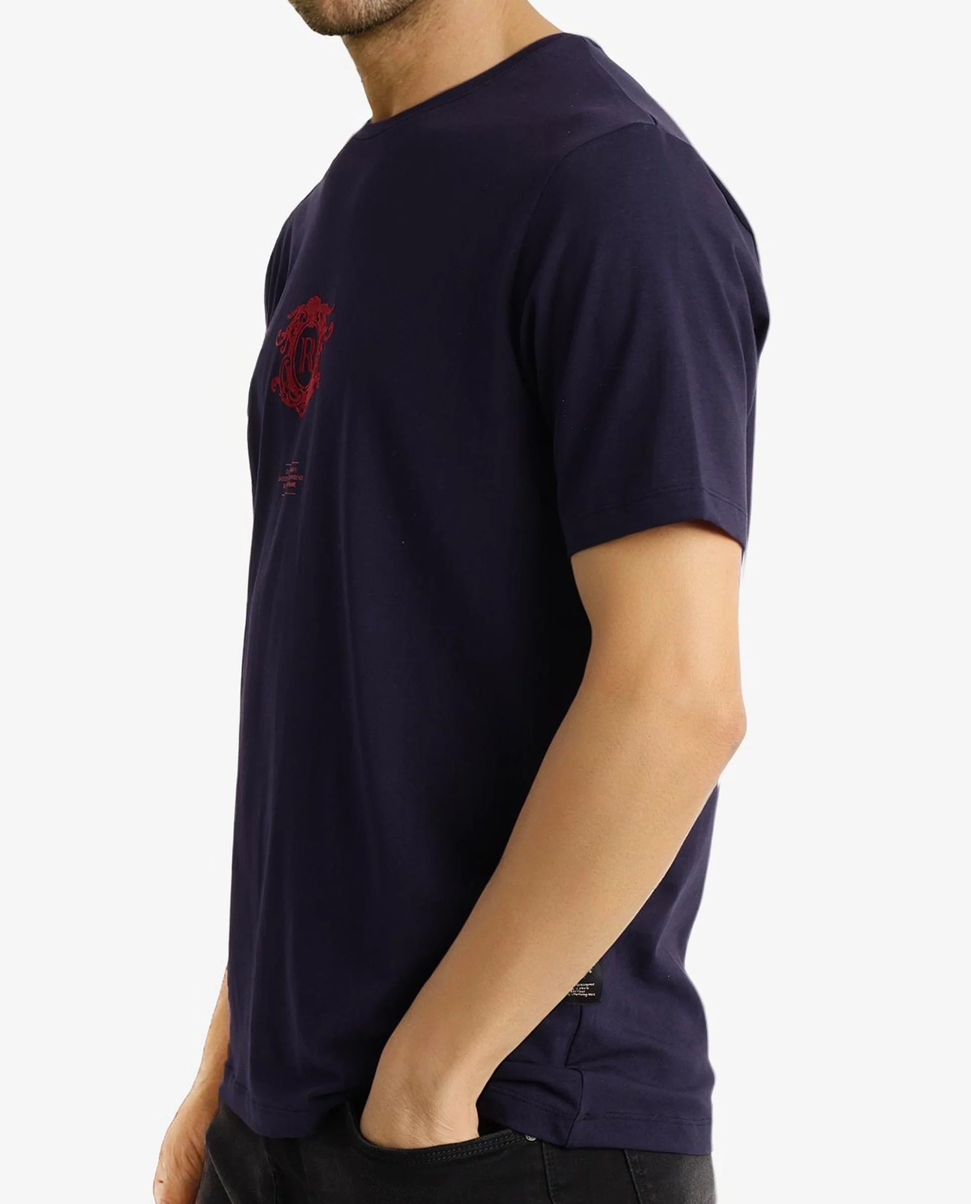 Rare Rabbit Men Ker Navy Cotton Lycra Fabric Short Sleeve Crew Neck Regular Fit Graphic Flock Print T-Shirt