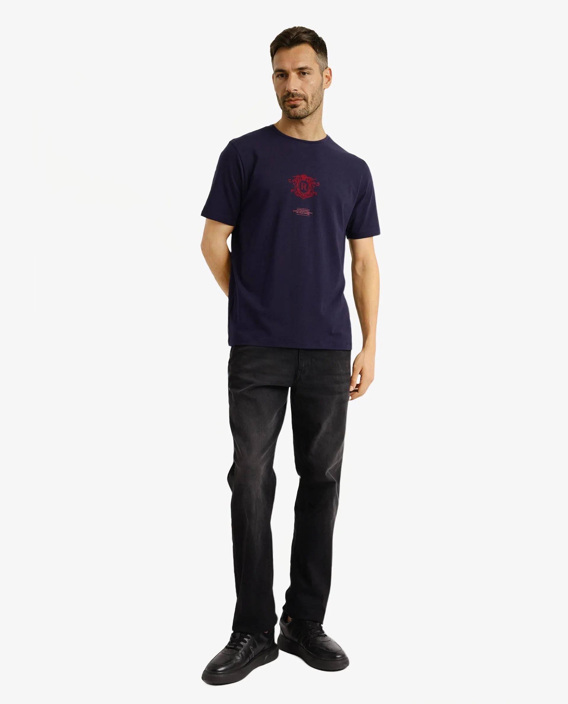 Rare Rabbit Men Ker Navy Cotton Lycra Fabric Short Sleeve Crew Neck Regular Fit Graphic Flock Print T-Shirt