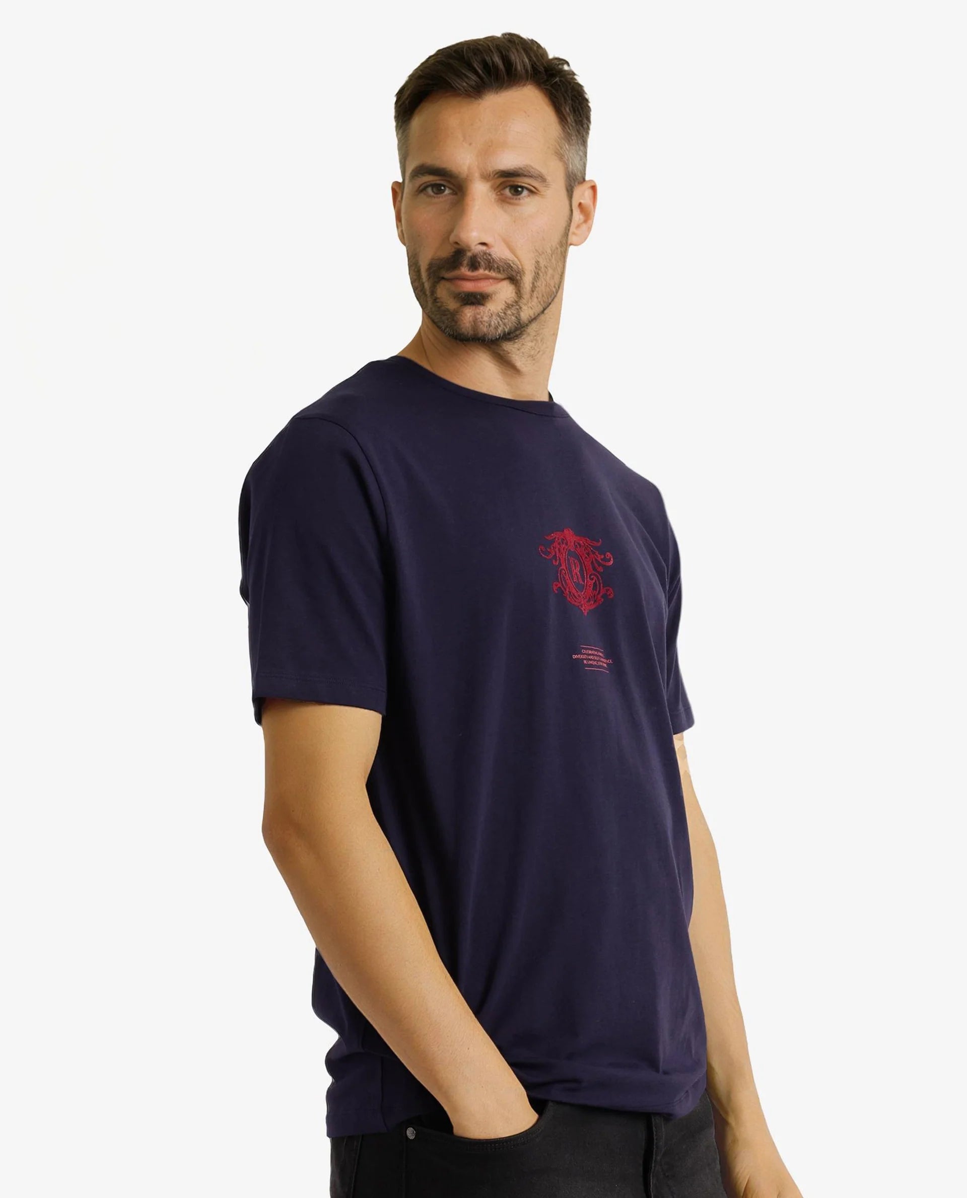 Rare Rabbit Men Ker Navy Cotton Lycra Fabric Short Sleeve Crew Neck Regular Fit Graphic Flock Print T-Shirt