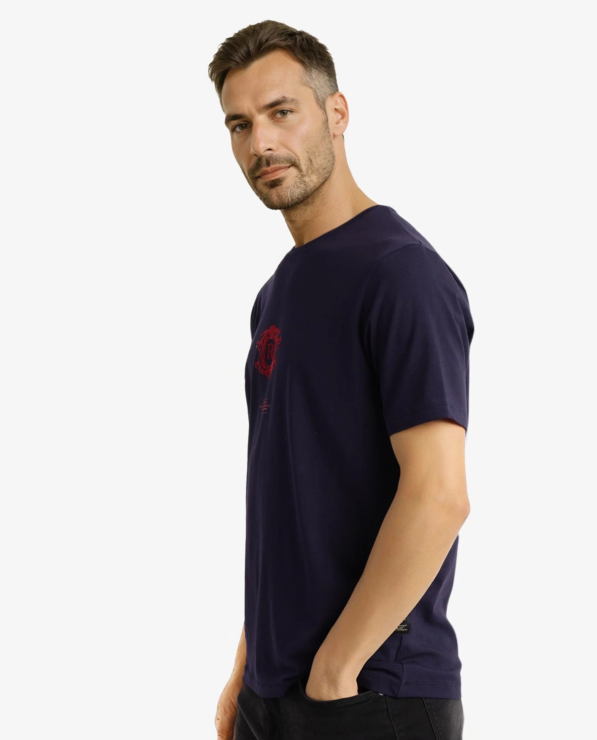 Rare Rabbit Men Ker Navy Cotton Lycra Fabric Short Sleeve Crew Neck Regular Fit Graphic Flock Print T-Shirt