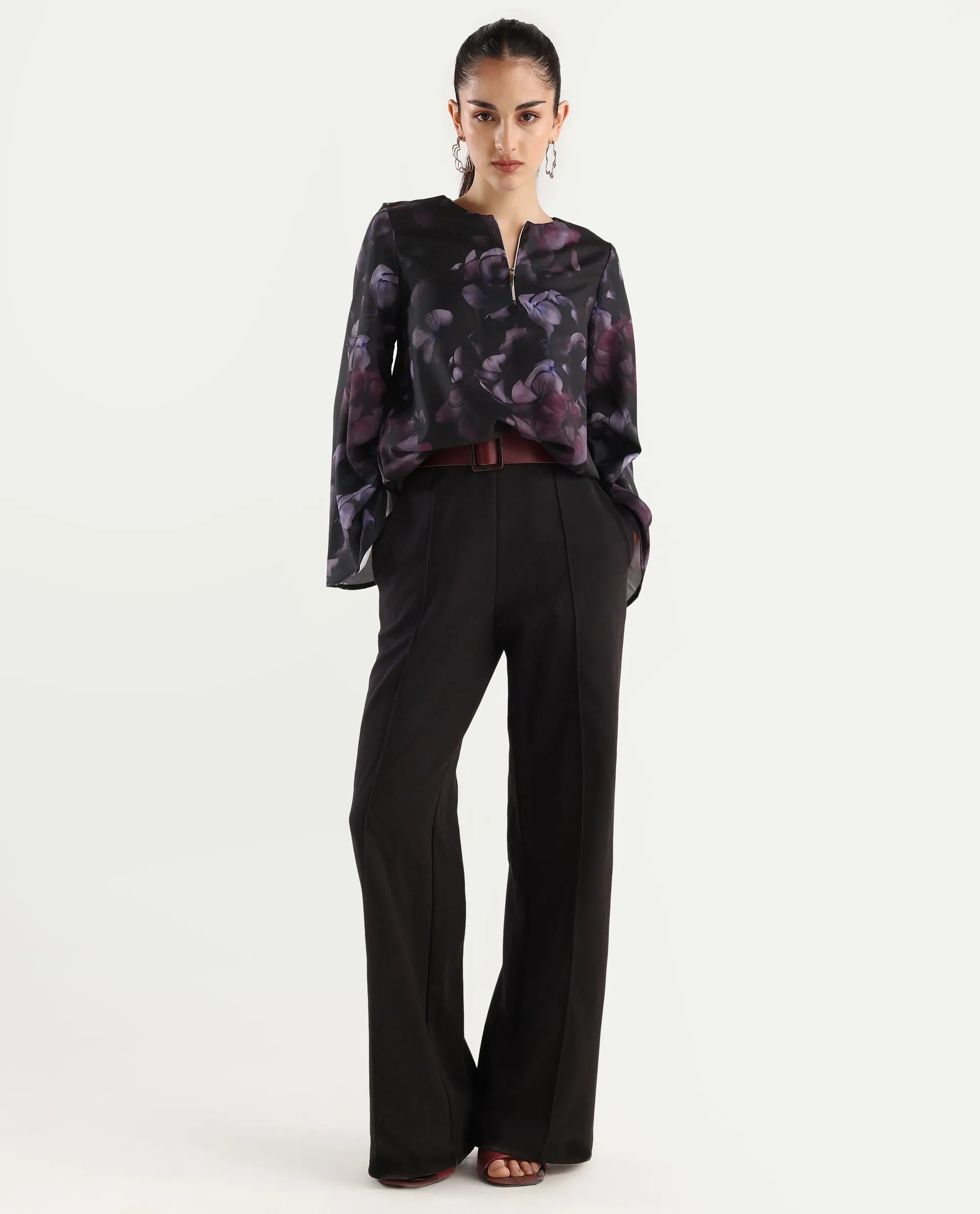 Rareism Women's Kiko Multi Polyester Crew Neck Floral Print Volume Sleeve Regular Fit Top