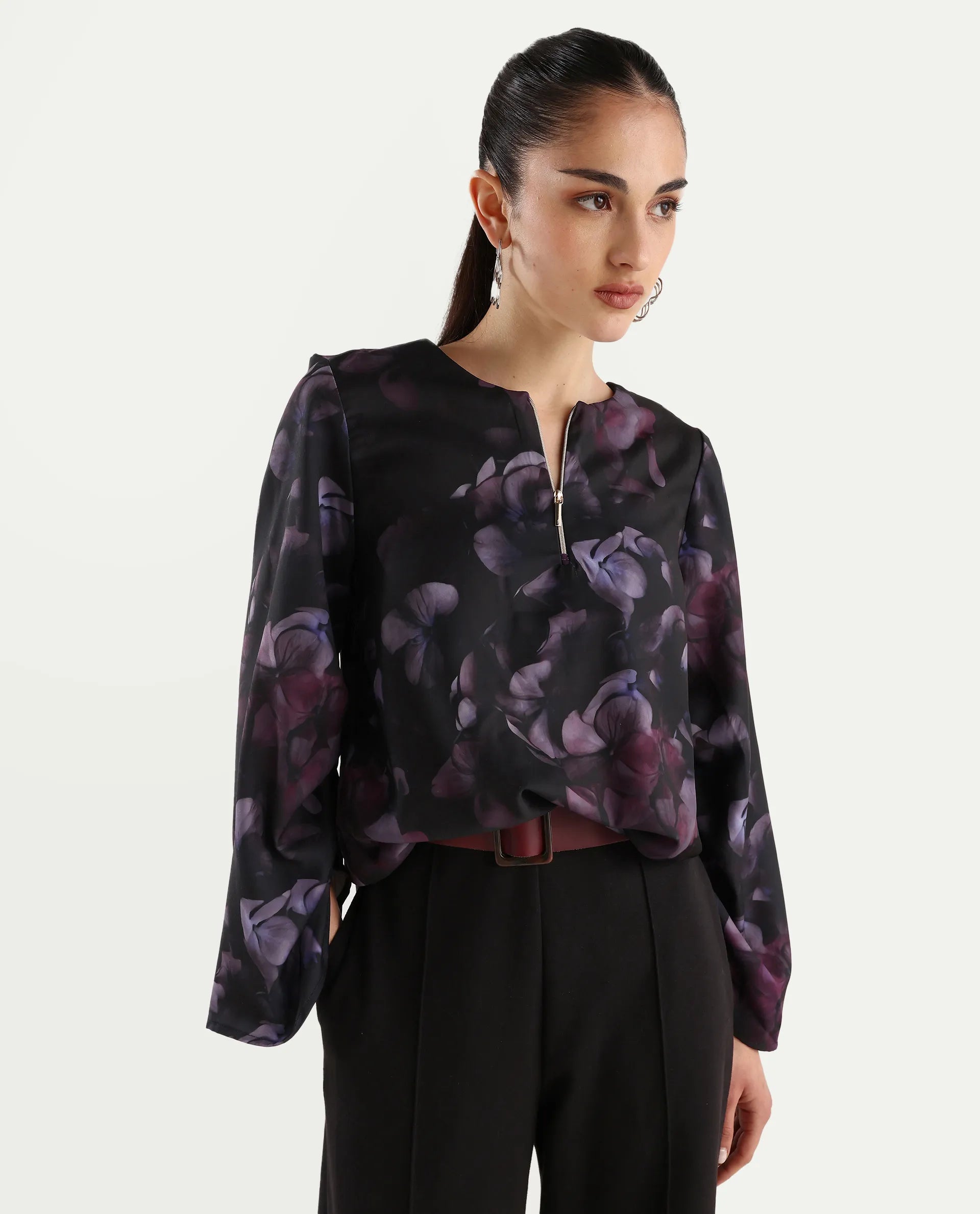 Rareism Women's Kiko Multi Polyester Crew Neck Floral Print Volume Sleeve Regular Fit Top