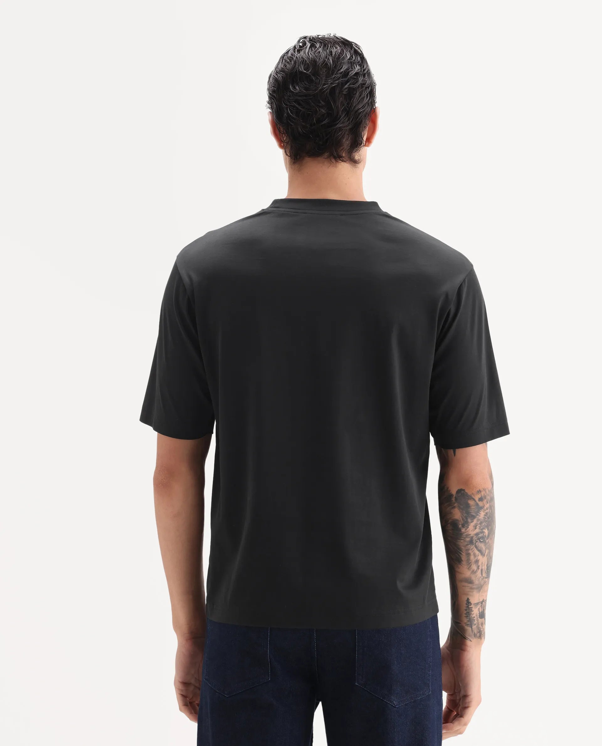 Rare Rabbit Men's Kilon Black Cotton Fabric Half Sleeve Crew Neck Regular Fit Graphic Print T-Shirt