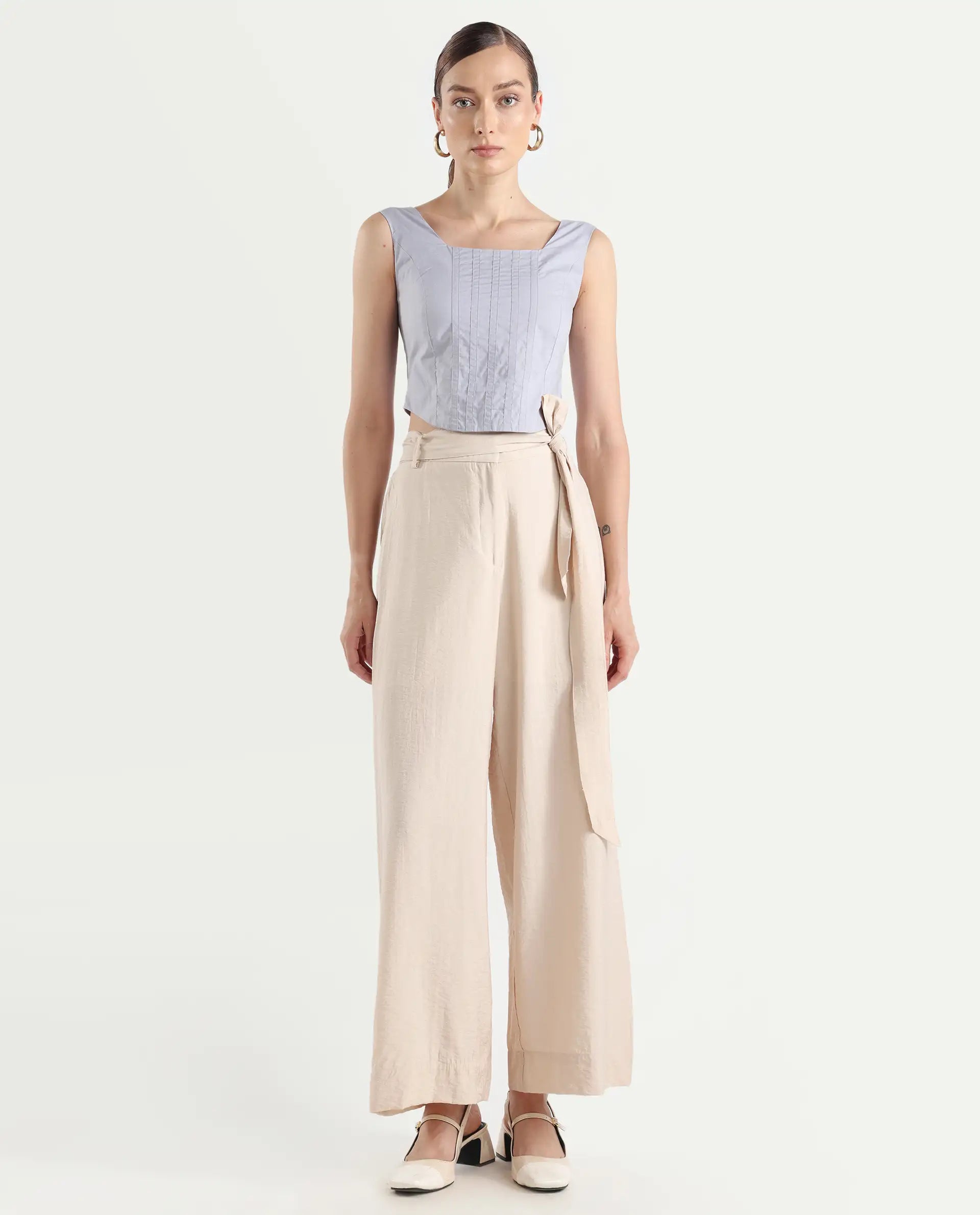 Rareism Women's Kingko Beige Cotton Blend Plain Ankle Length Straight Fit Trouser