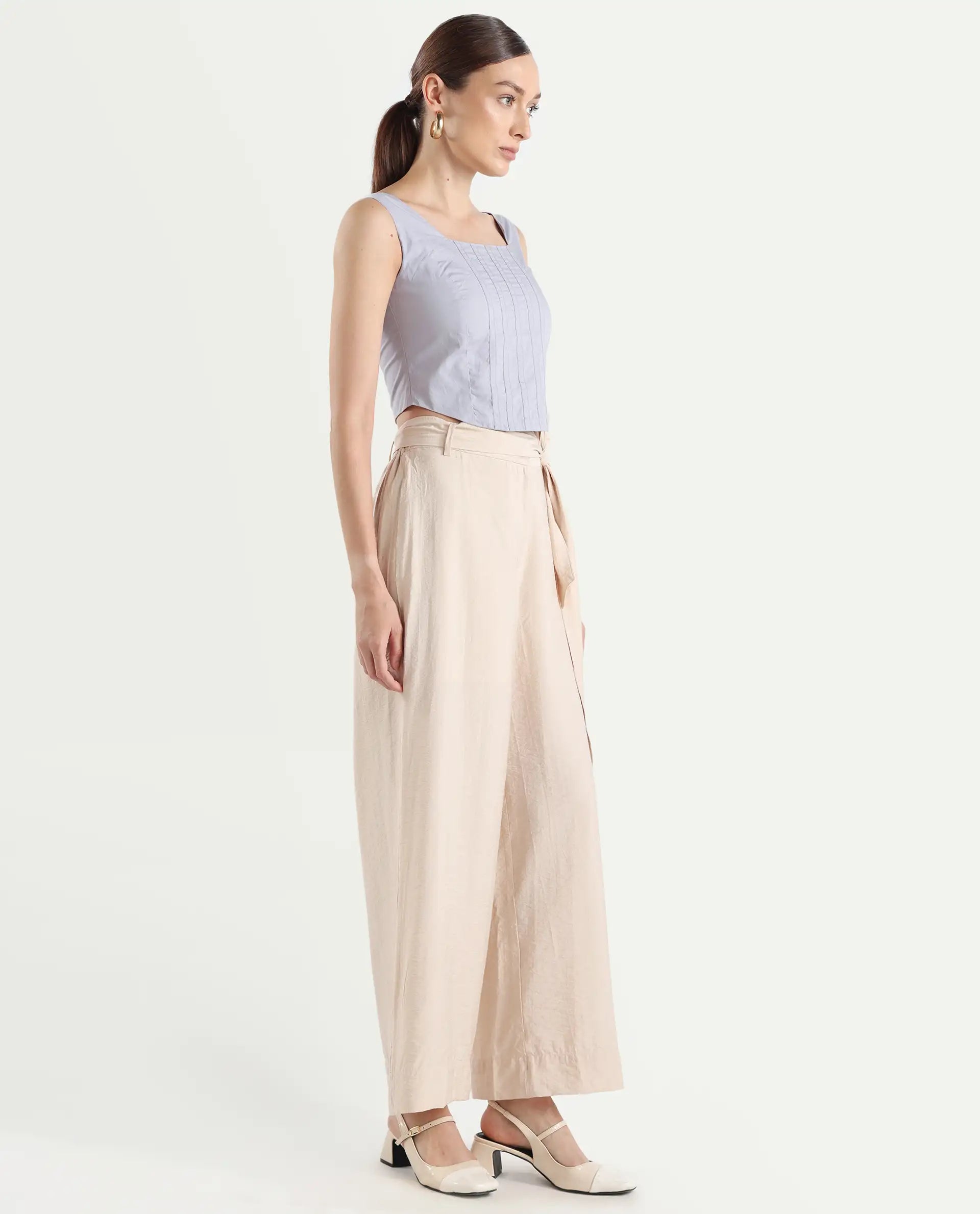 Rareism Women's Kingko Beige Cotton Blend Plain Ankle Length Straight Fit Trouser