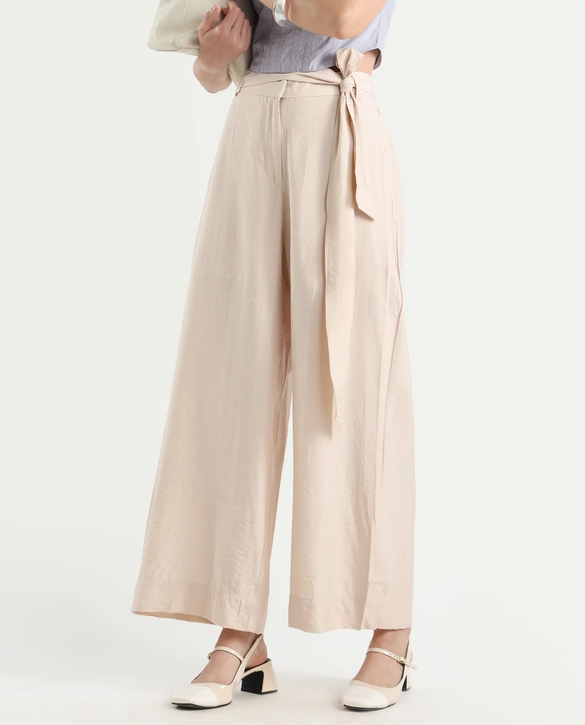 Rareism Women's Kingko Beige Cotton Blend Plain Ankle Length Straight Fit Trouser