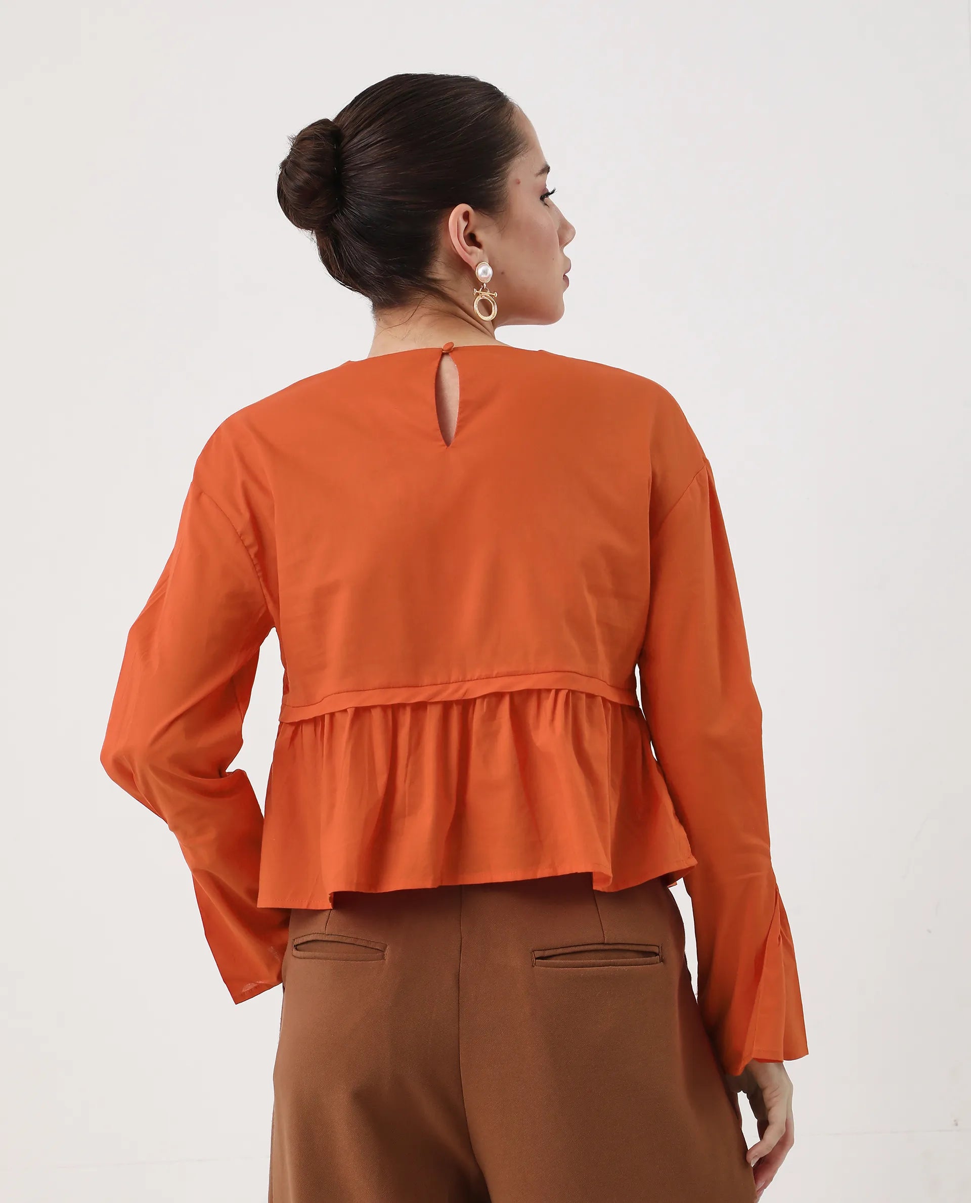 Rareism Women's Kingwell Orange Cotton Crew Neck Plain Relaxed Fit Top