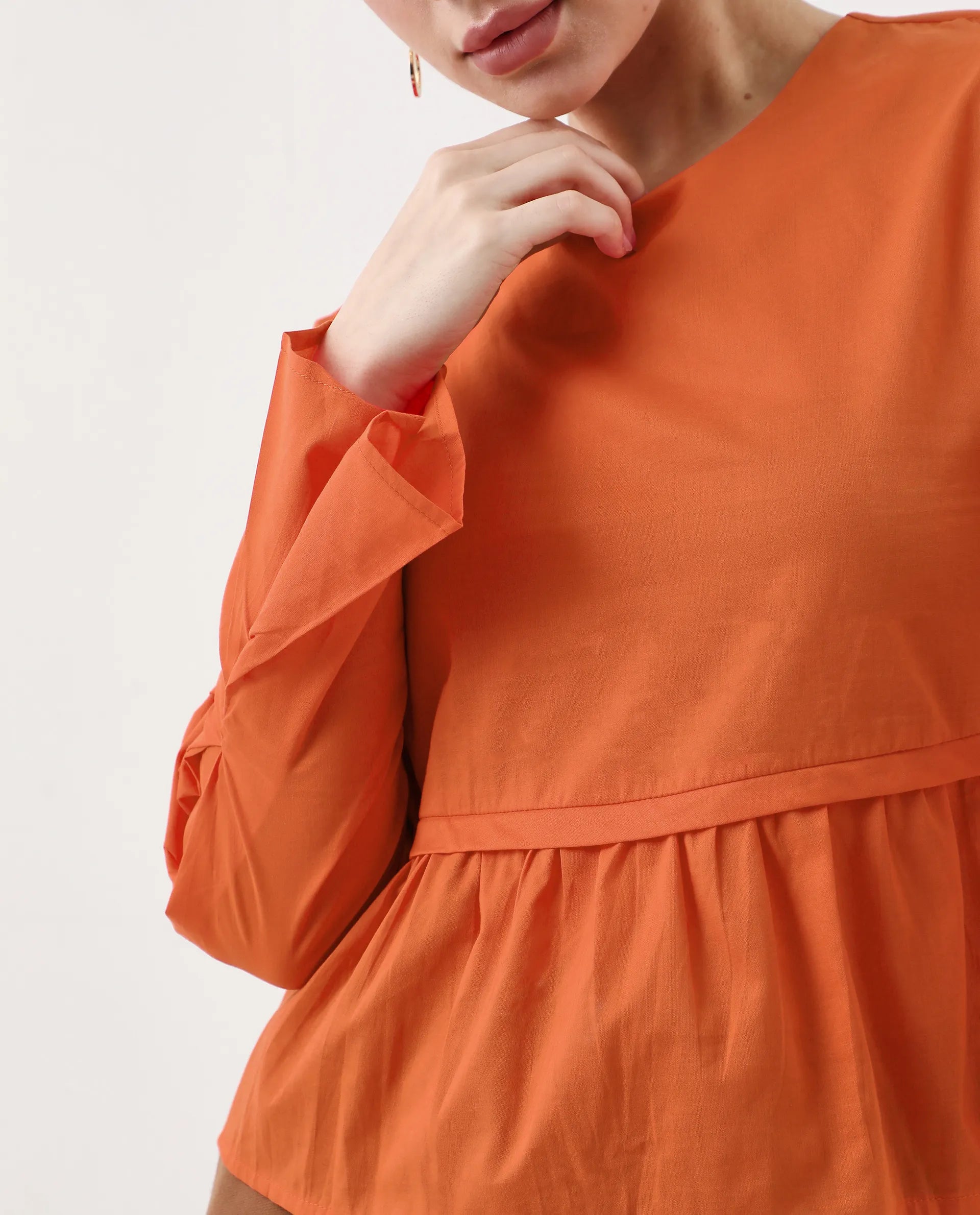 Rareism Women's Kingwell Orange Cotton Crew Neck Plain Relaxed Fit Top