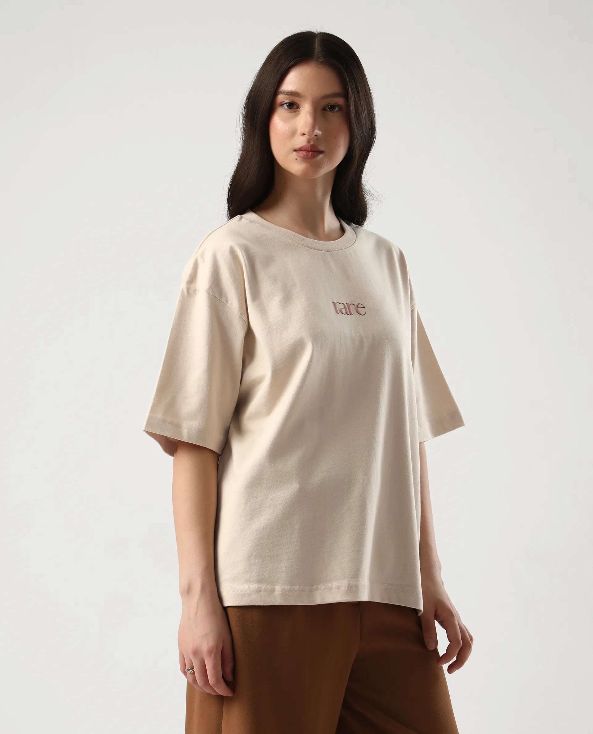 Rareism Women's Klend Off White Cotton Graphic Print Oversized T-Shirt