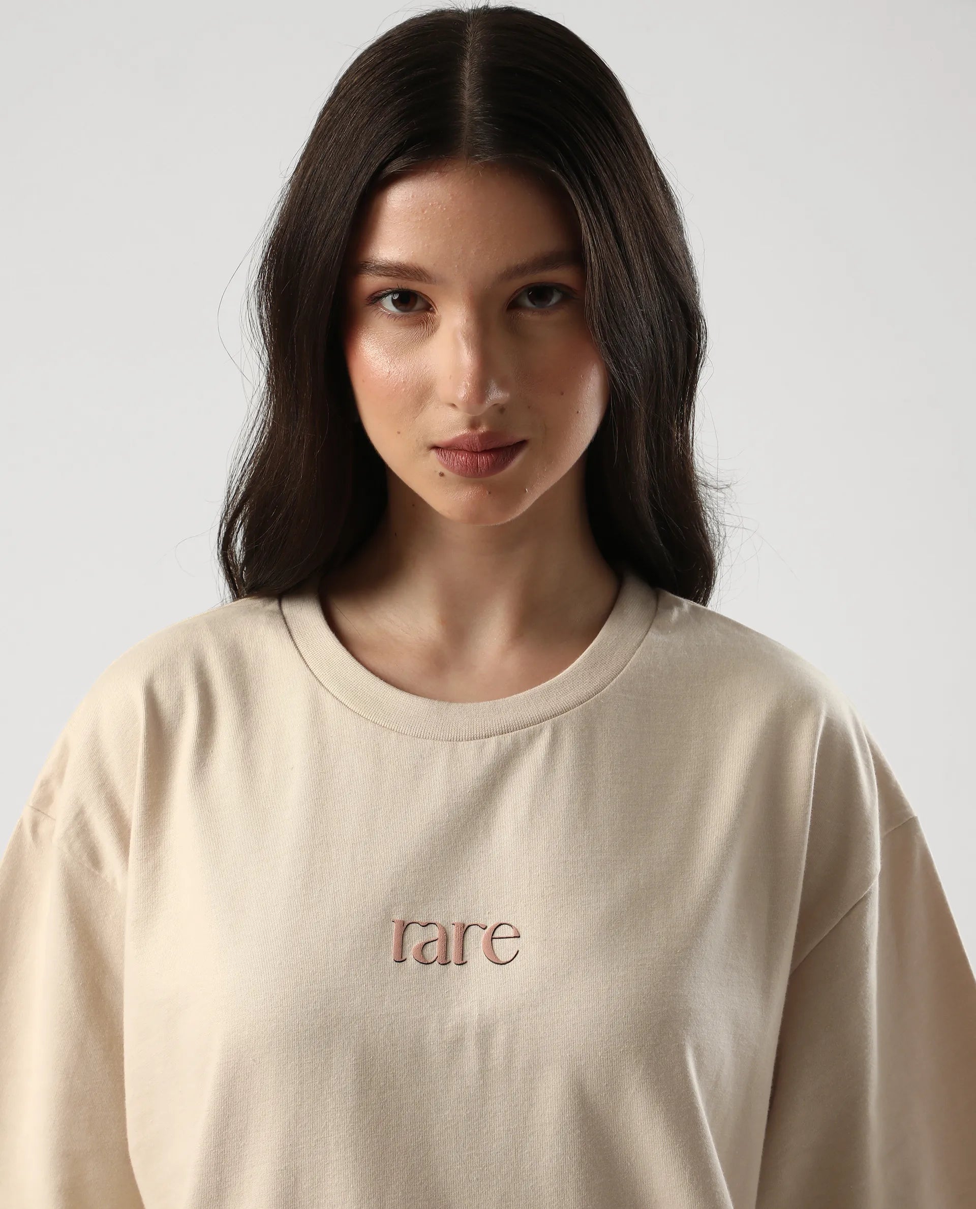 Rareism Women's Klend Off White Cotton Graphic Print Oversized T-Shirt