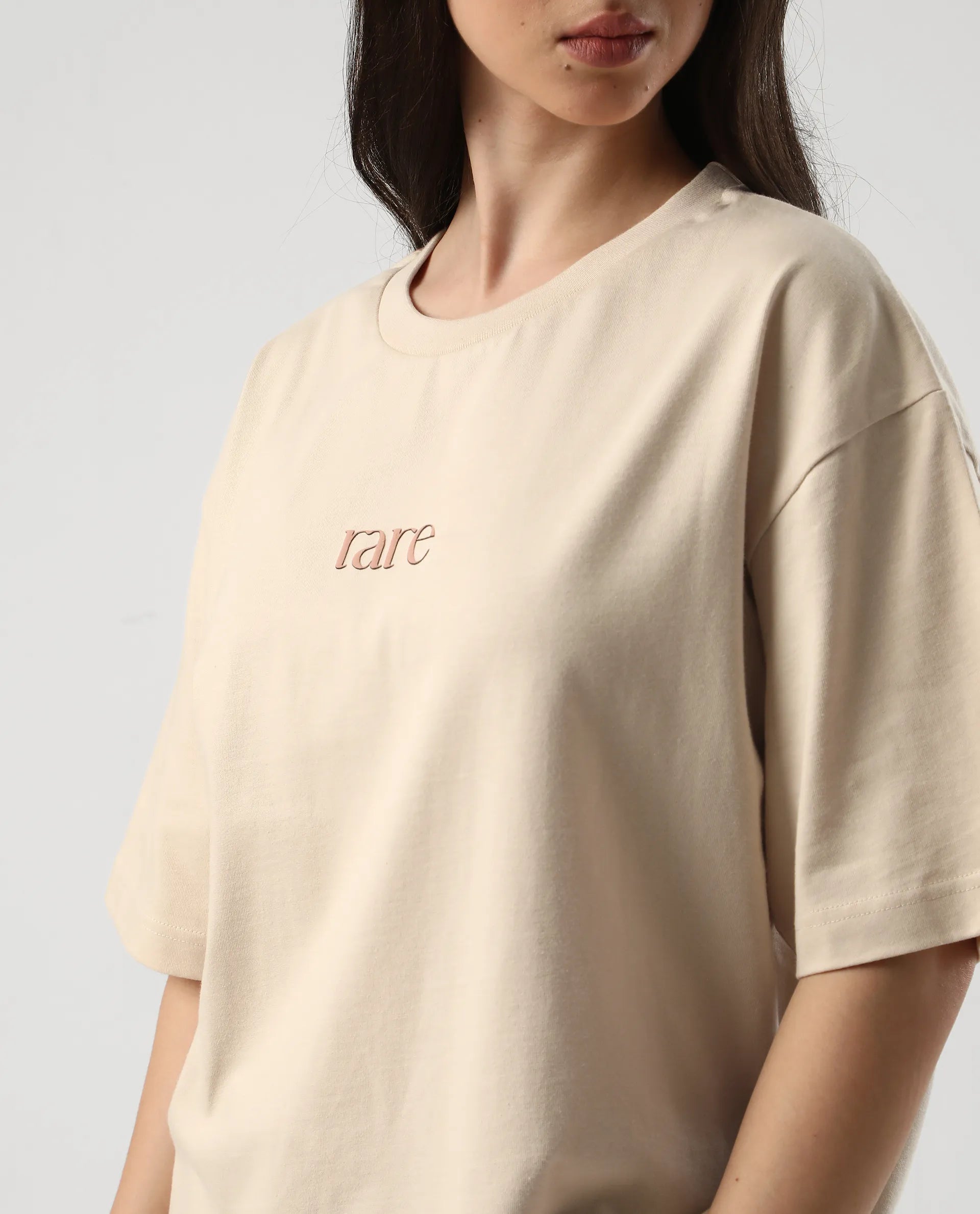 Rareism Women's Klend Off White Cotton Graphic Print Oversized T-Shirt