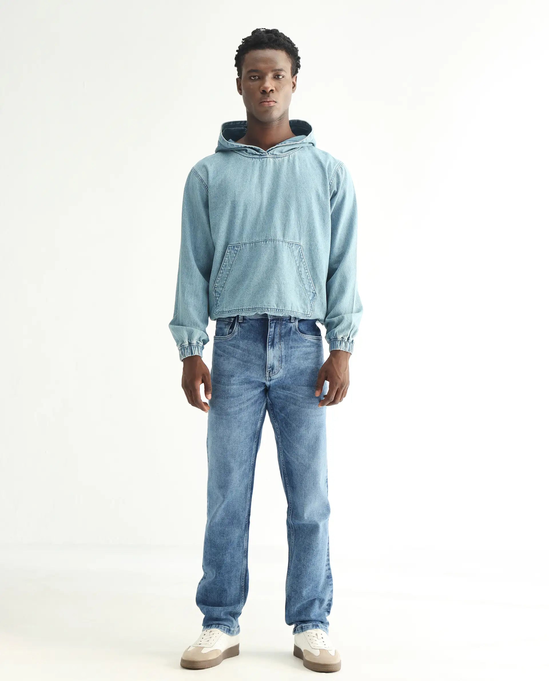 Rare Rabbit Men's Klune-2 Blue Cotton Blend Plain Morris Regular Fit Jeans