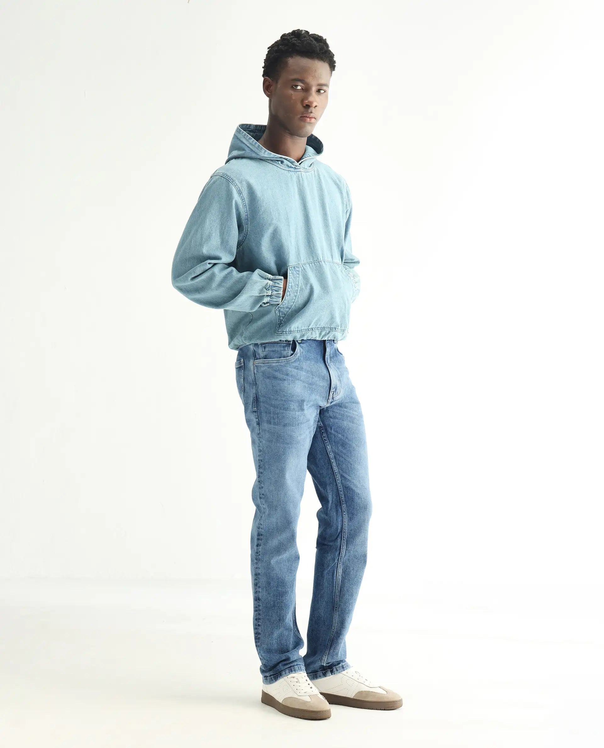 Rare Rabbit Men's Klune-2 Blue Cotton Blend Plain Morris Regular Fit Jeans