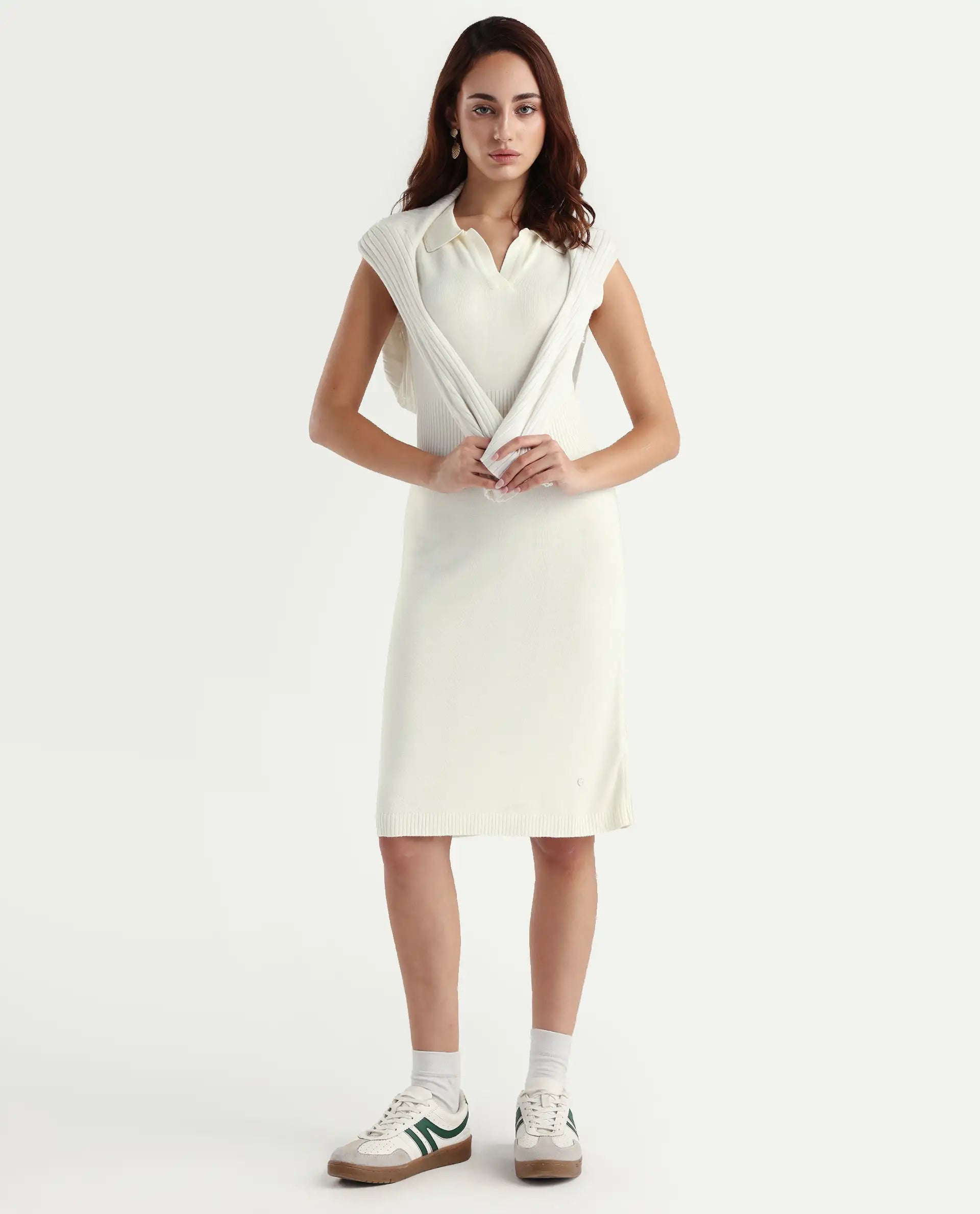 Rareism Women's Knitsy Off White Cotton Spread Collar Plain Sleeveless Knee Length Regular Fit Sweater