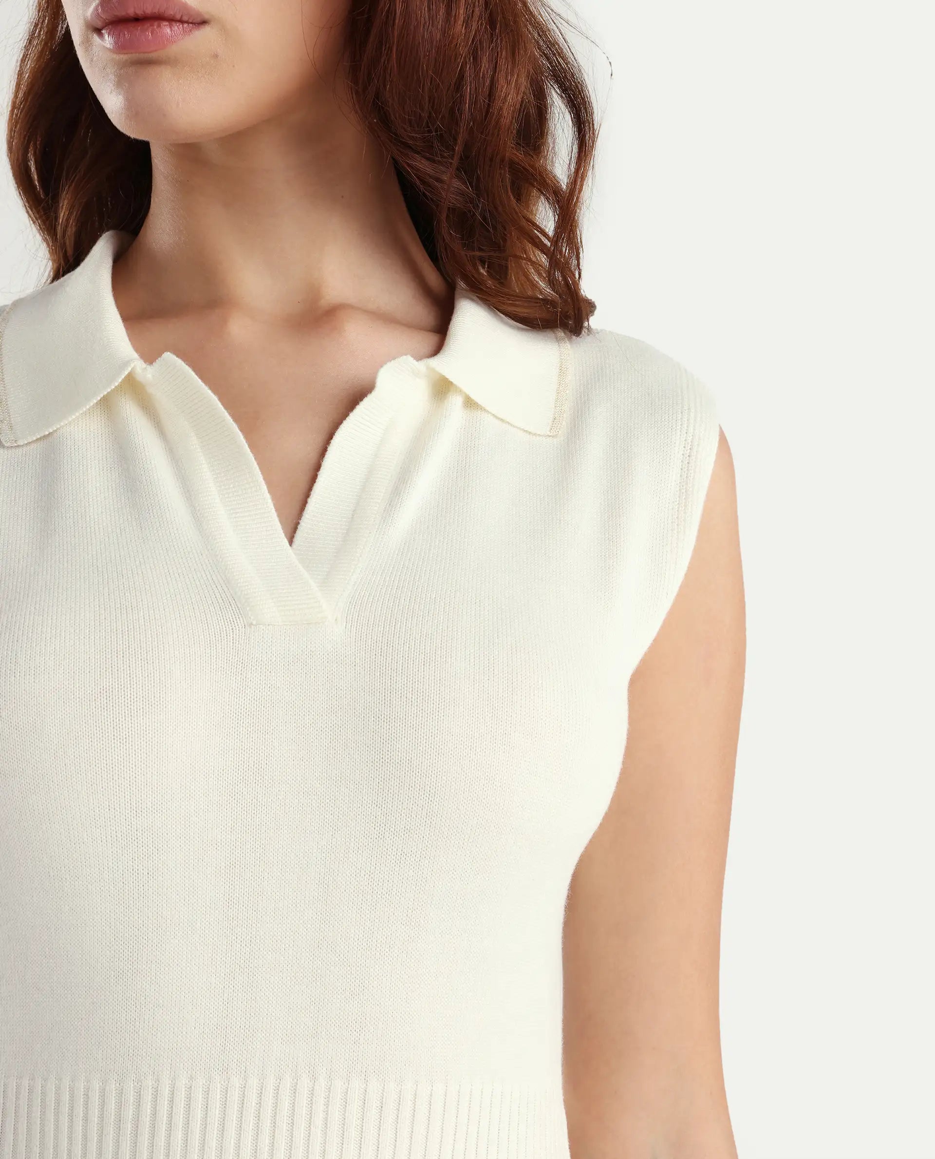 Rareism Women's Knitsy Off White Cotton Spread Collar Plain Sleeveless Knee Length Regular Fit Sweater