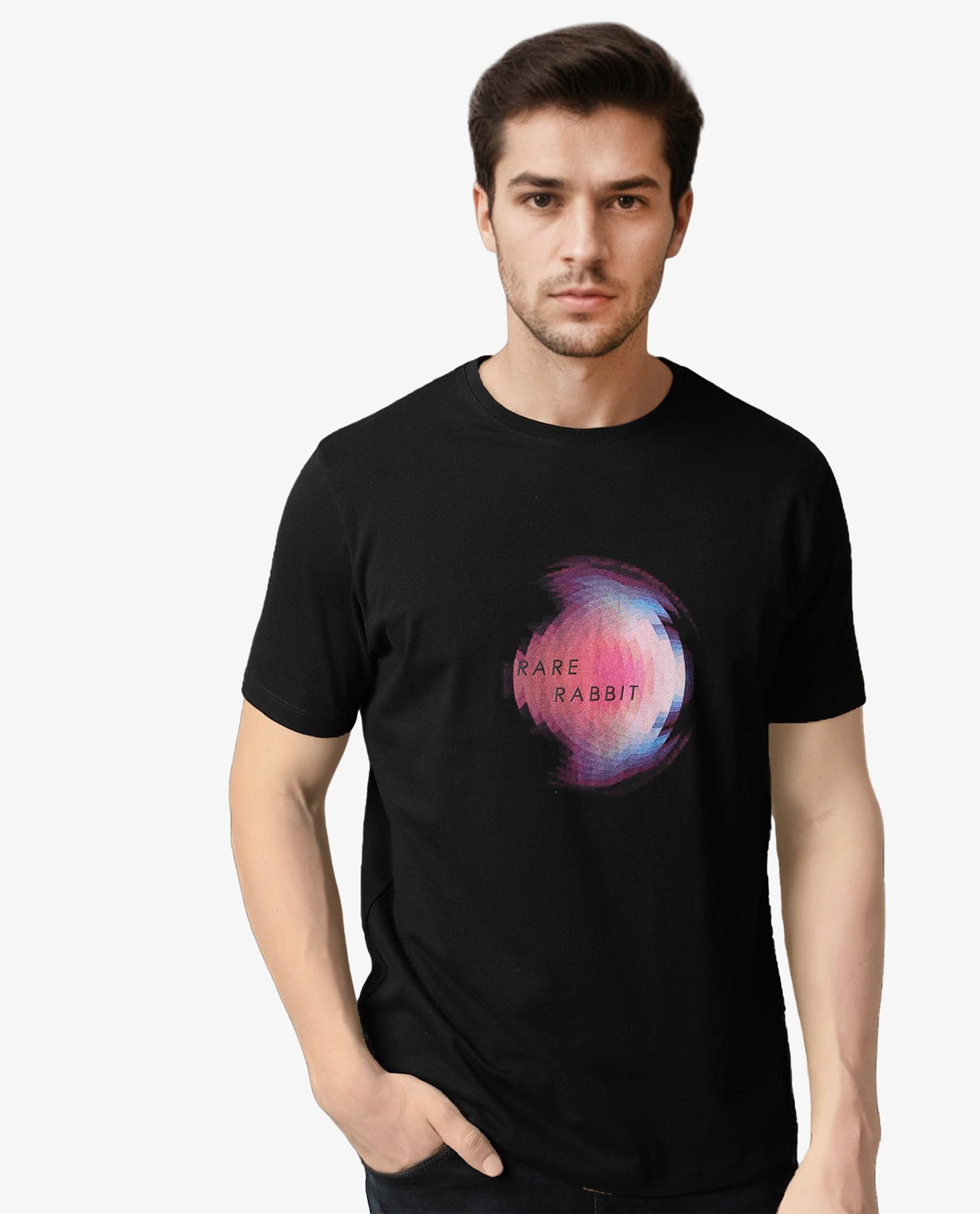 Rare Rabbit Men's Knobel Black Crew Neck Graphic Printed Half Sleeves Slim Fit T-Shirt