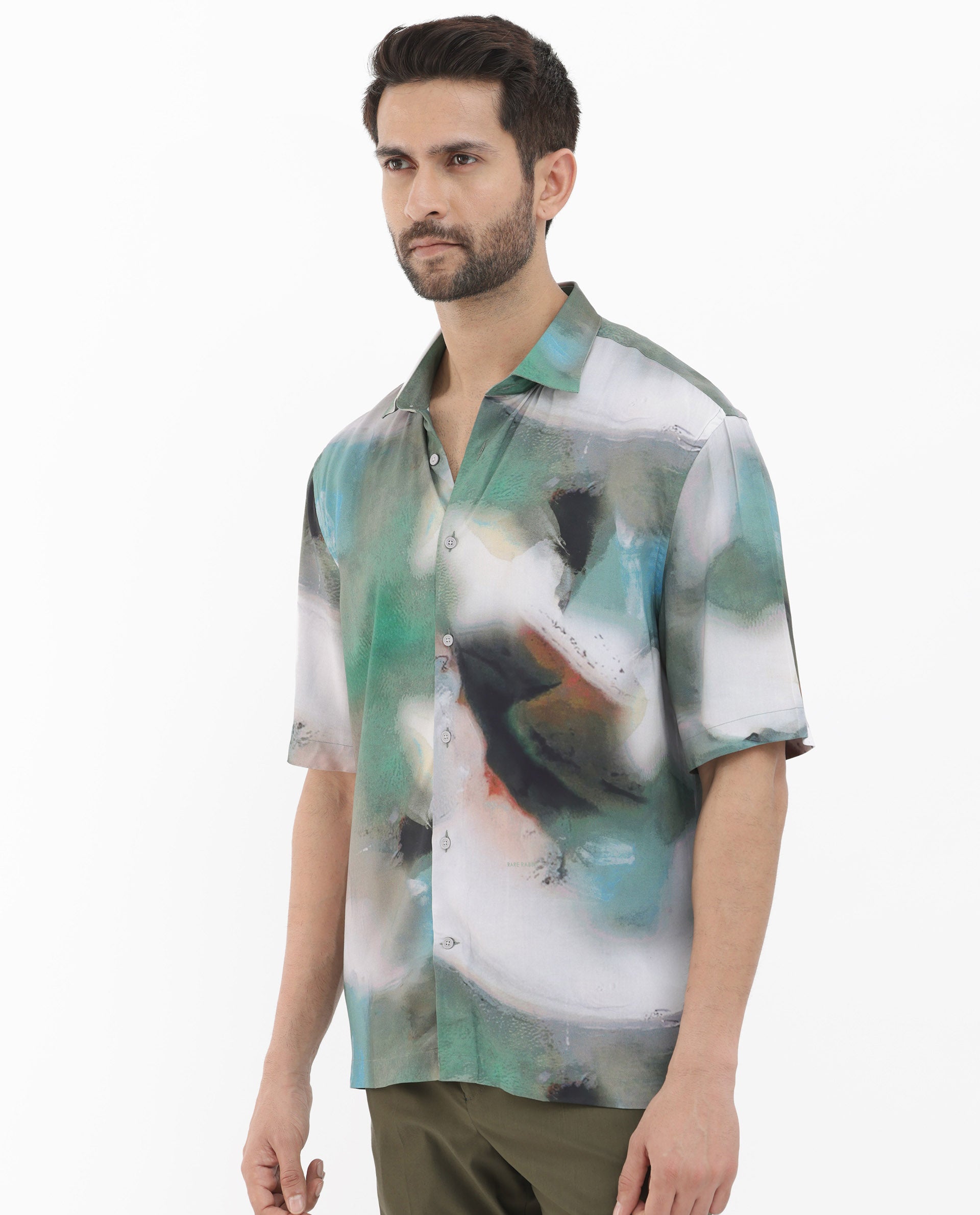 Rare Rabbit Mens Knox Dusky Green Short Sleeve Abstract Print Boxy Fit Shirt