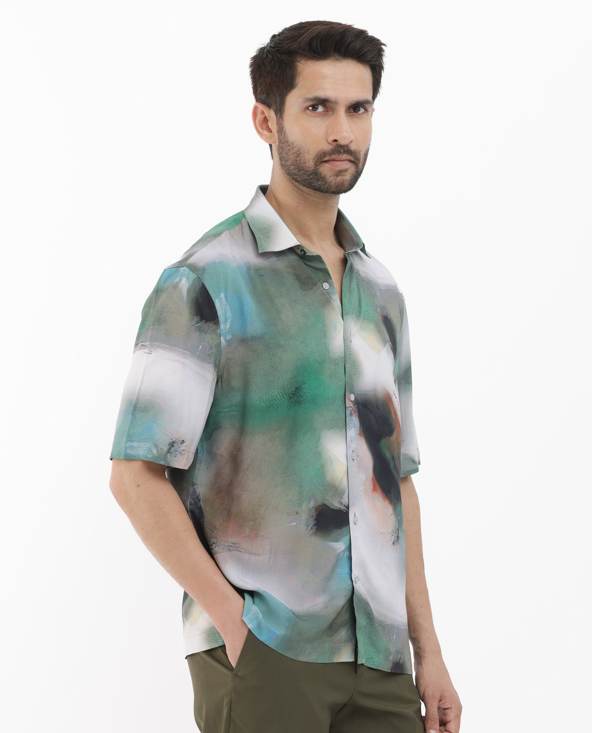 Rare Rabbit Mens Knox Dusky Green Short Sleeve Abstract Print Boxy Fit Shirt