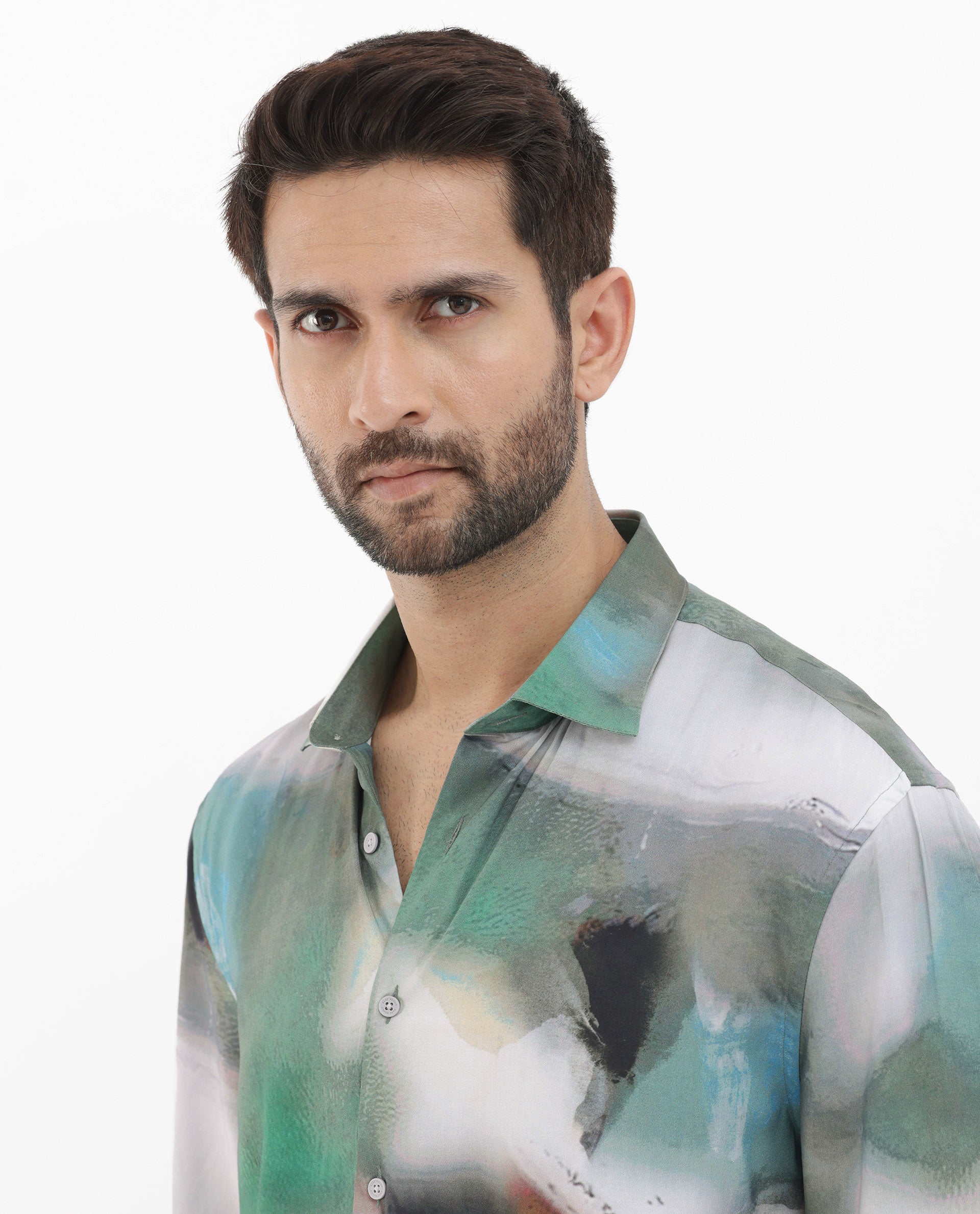 Rare Rabbit Mens Knox Dusky Green Short Sleeve Abstract Print Boxy Fit Shirt