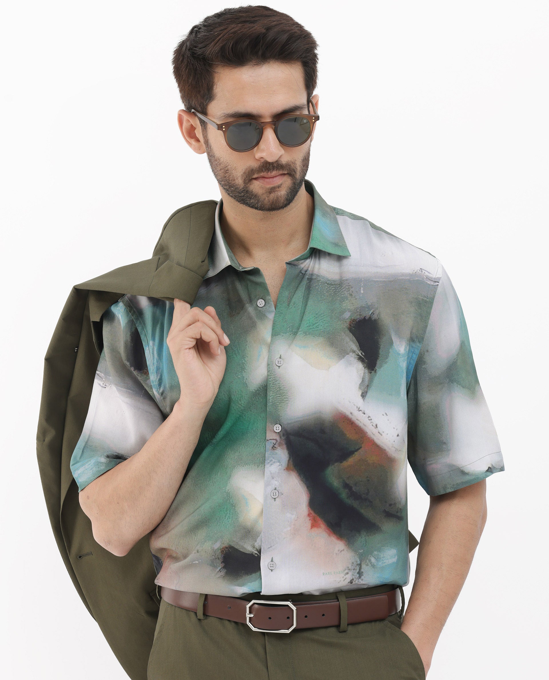 Rare Rabbit Mens Knox Dusky Green Short Sleeve Abstract Print Boxy Fit Shirt