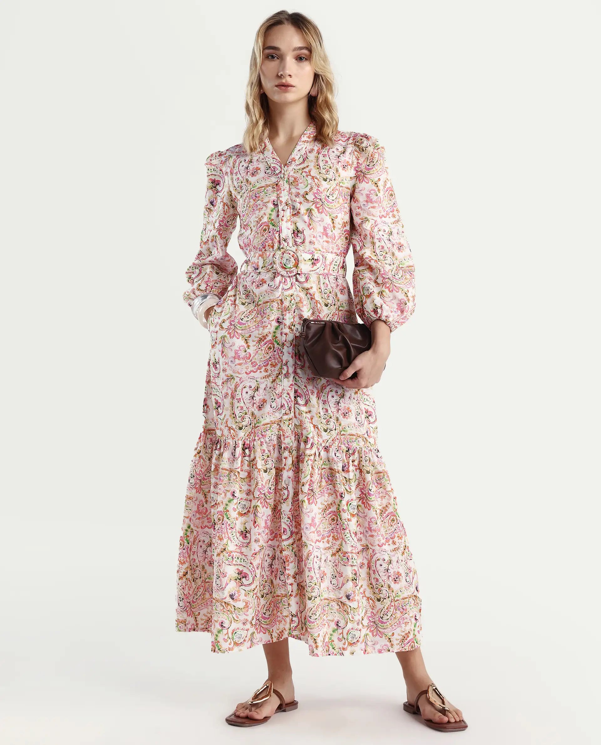 Rareism Women's Koa Light Multi Cotton Blend V-Neck Paisley Print Cuffed Sleeve Midi A-Line Dress