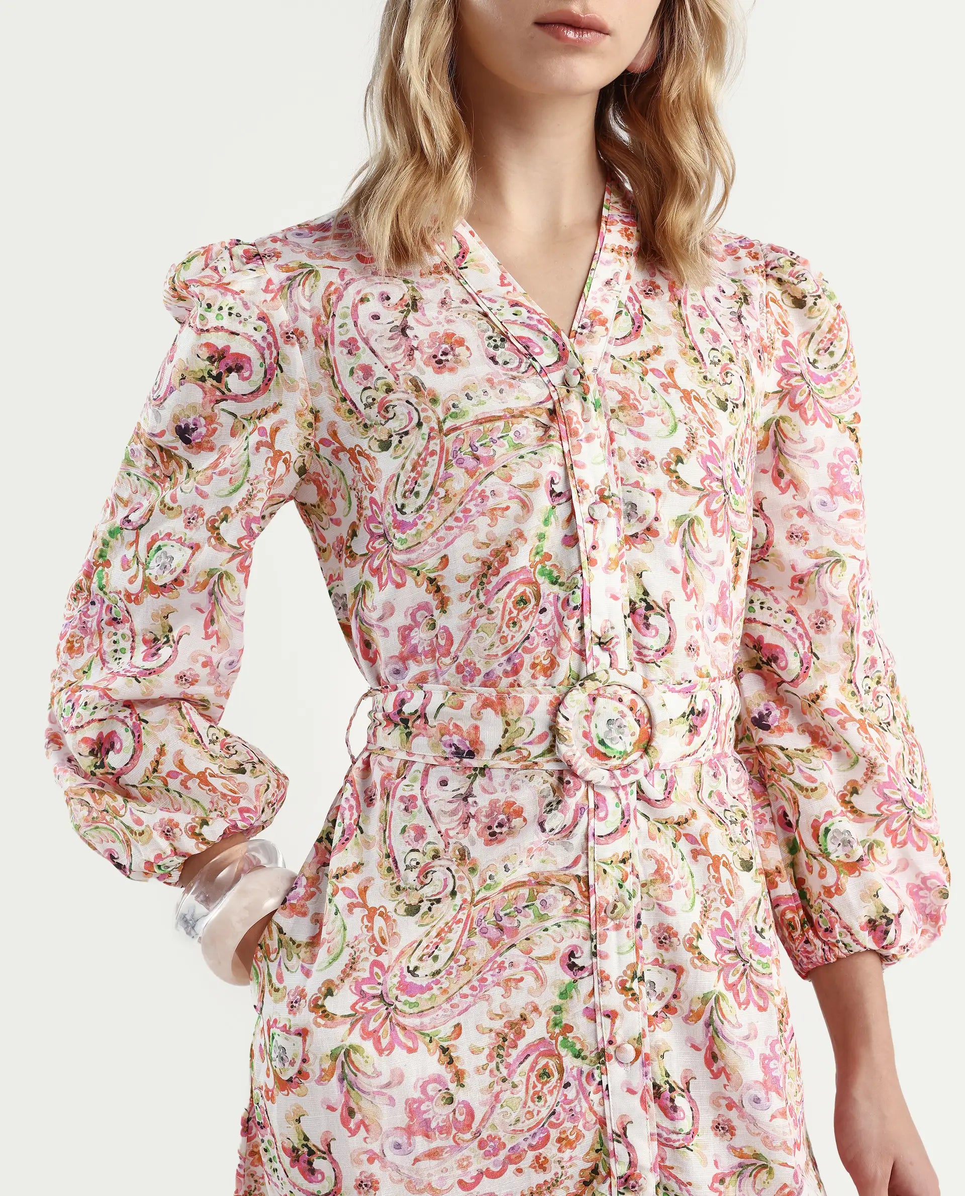 Rareism Women's Koa Light Multi Cotton Blend V-Neck Paisley Print Cuffed Sleeve Midi A-Line Dress