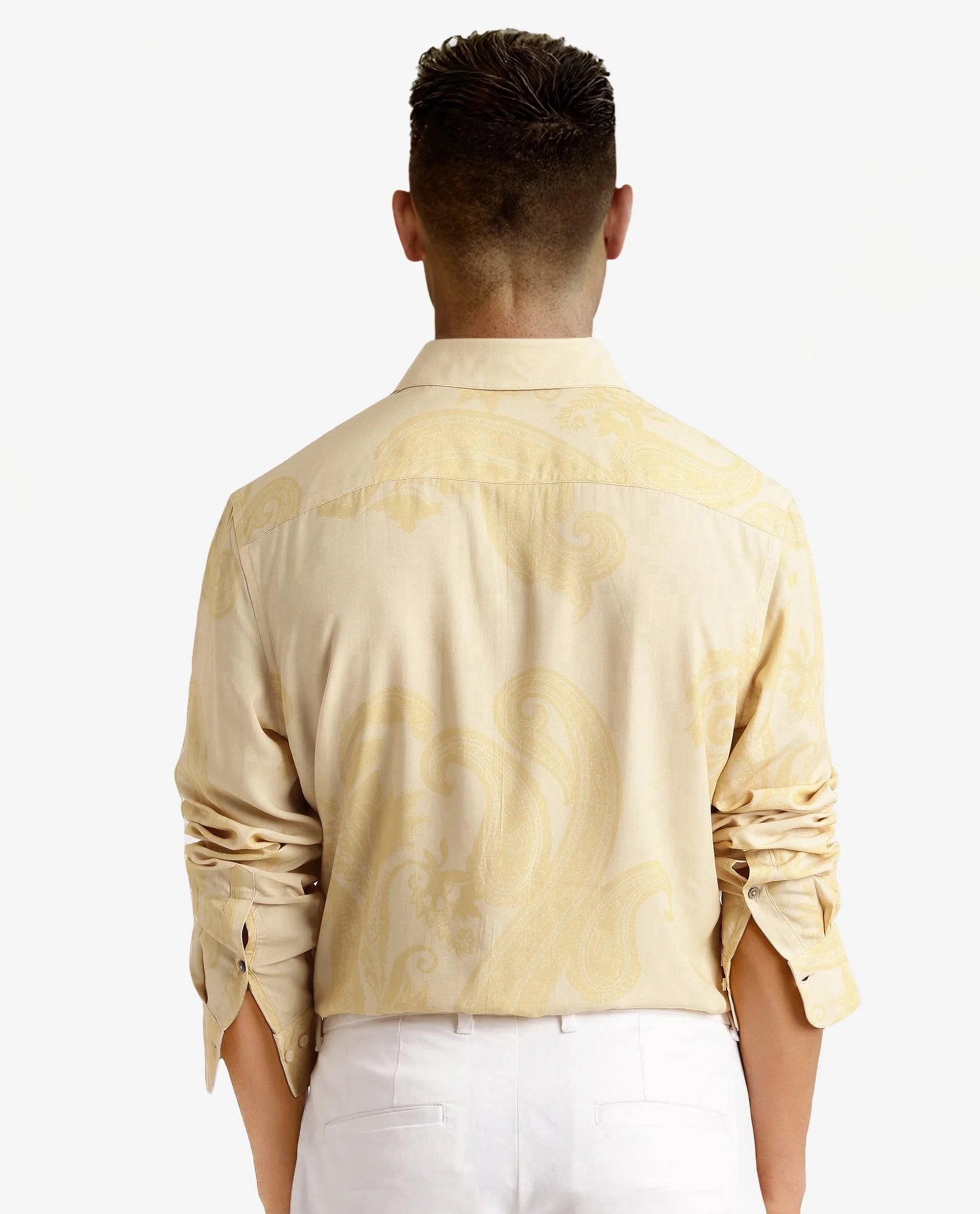 Rare Rabbit Men Koigi Dusky Yellow Viscose Fabric Full Sleeve Regular Paisley Printed Shirt