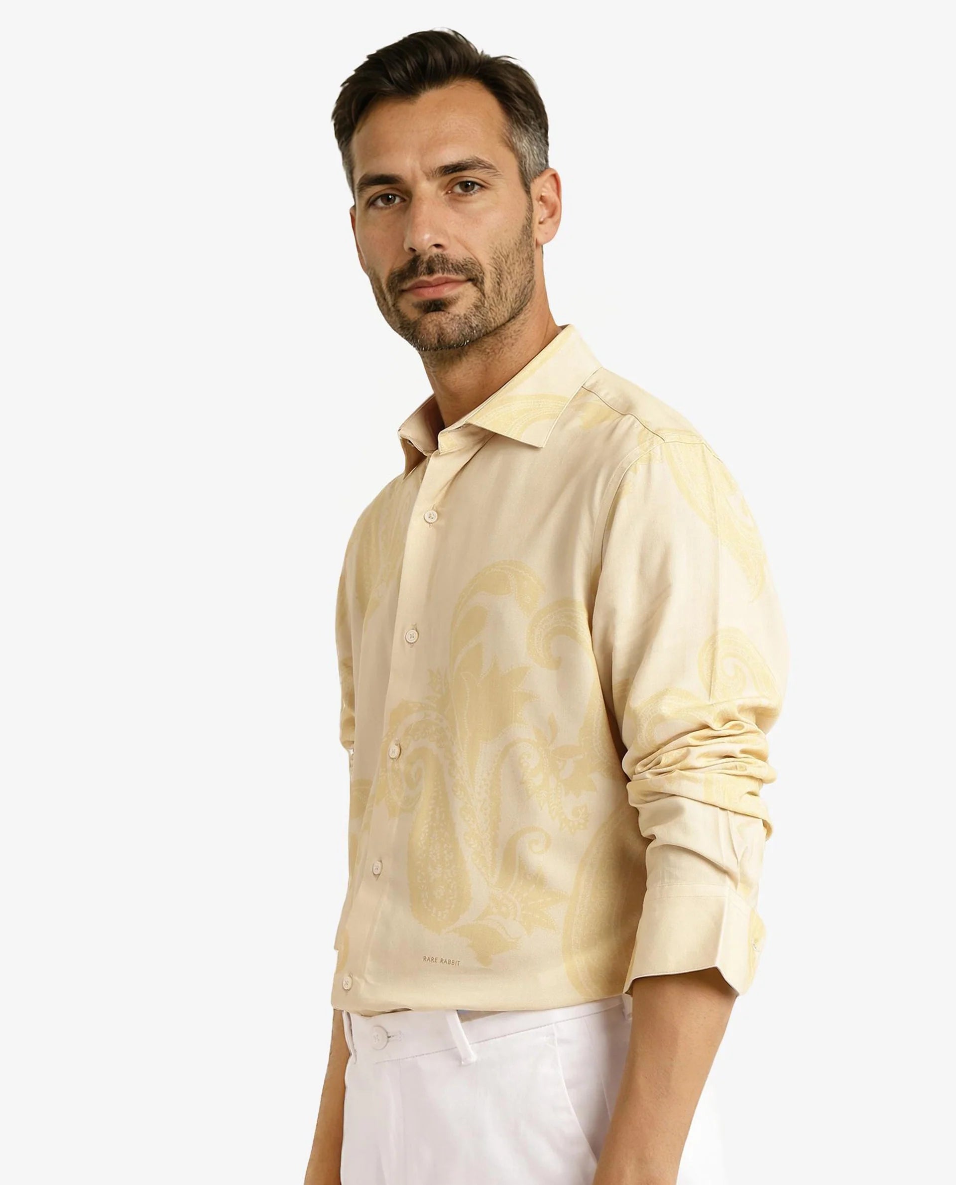 Rare Rabbit Men Koigi Dusky Yellow Viscose Fabric Full Sleeve Regular Paisley Printed Shirt